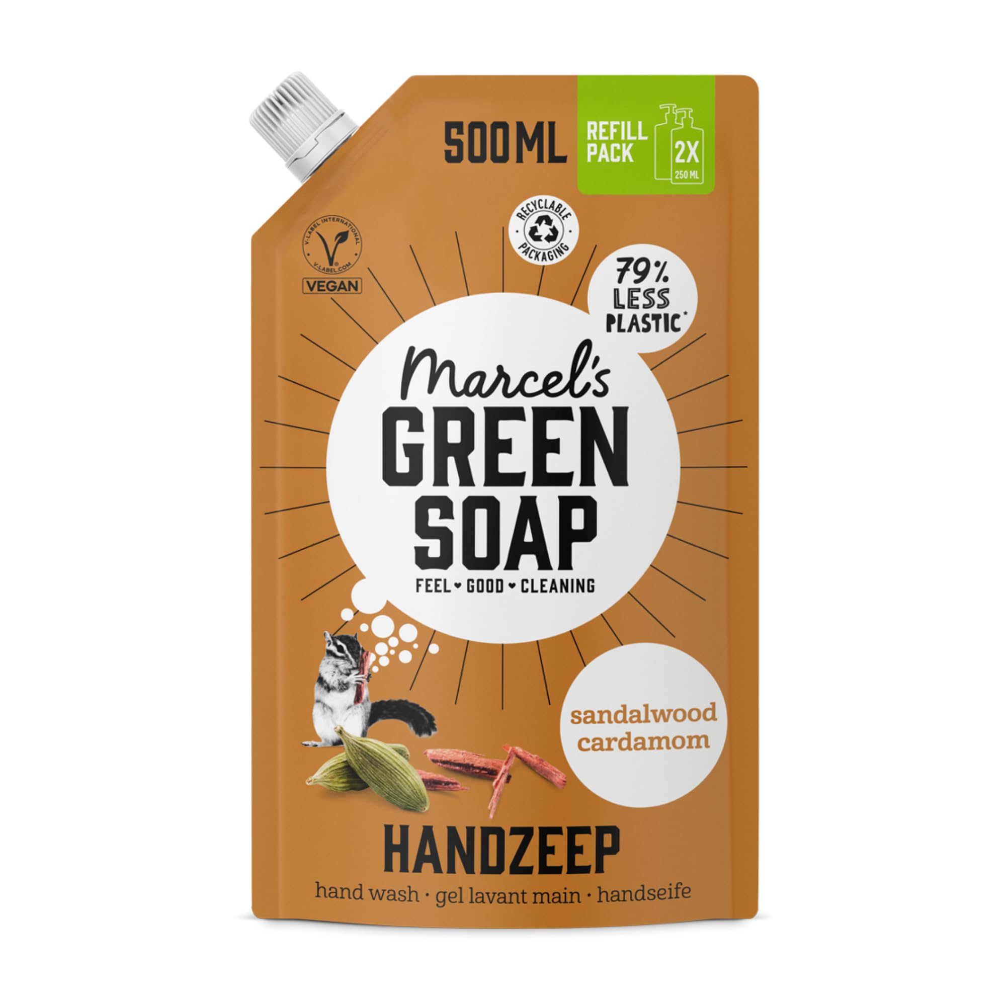 Marcel's Green Soap - Hand Soap Refill Sandalwood & Cardamom - Handwash Dispenser Refill - Microplastic-free formula - Vegan - Packaging recyclable - 500 ml