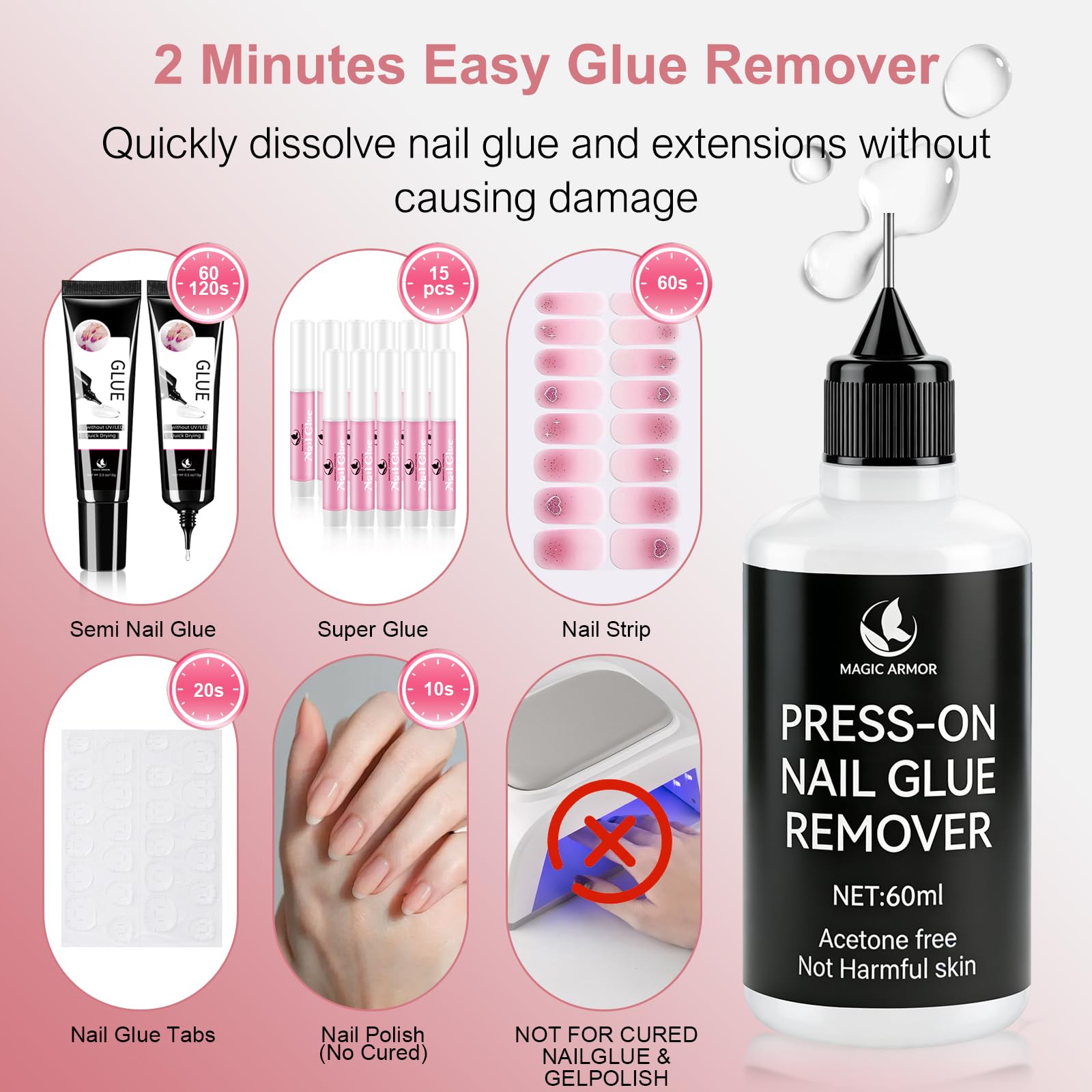 60 ml preparat do usuwania kleju do paznokci Press-On – precyzyjny, bez acetonu środek do usuwania sztucznych paznokci i sztucznych paznokci, delikatne zastosowanie, szybkie i łatwe usuwanie kleju do
