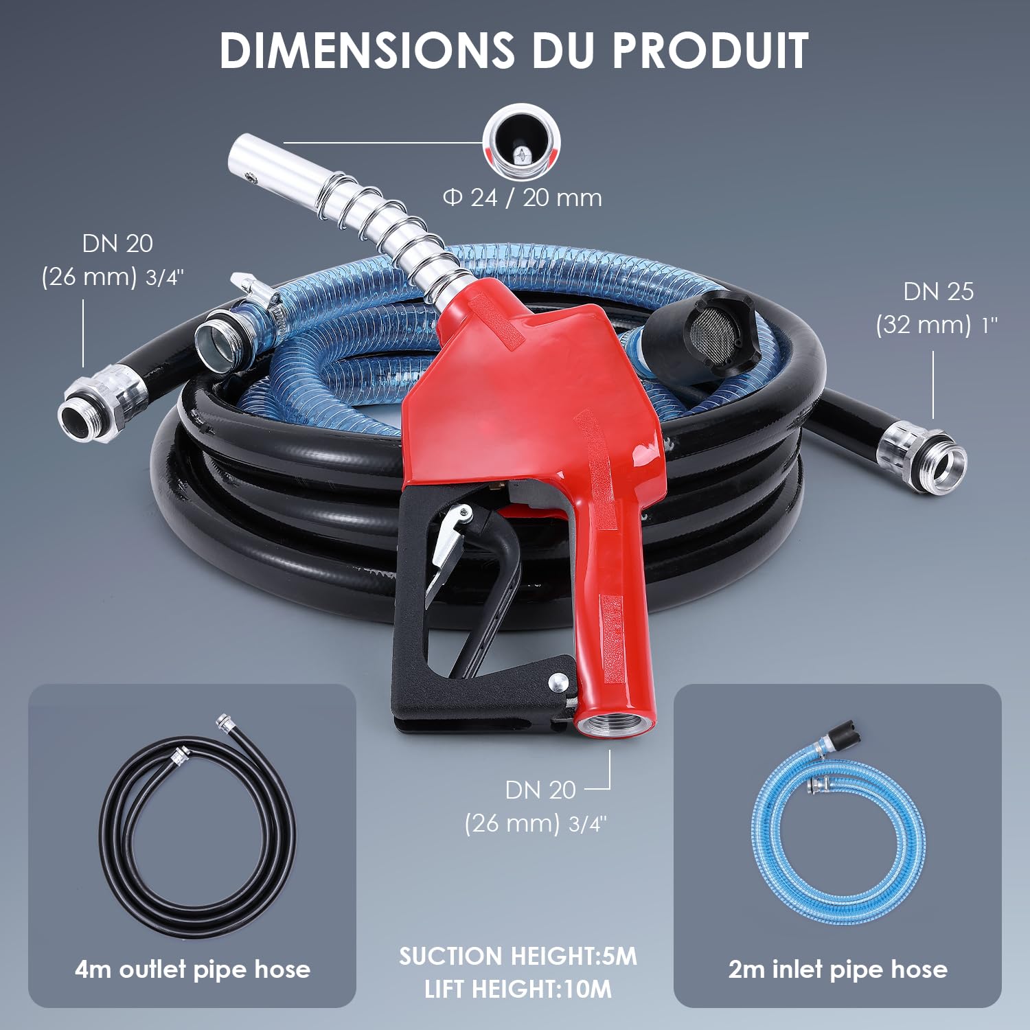 Bomba gasóleo, 220 V 550 W bomba de aceite autocebante, gasolineras móviles 60/min, con mangueras y boquilla(Diámetro de la boquilla20 mm), para camiones cisterna, etc
