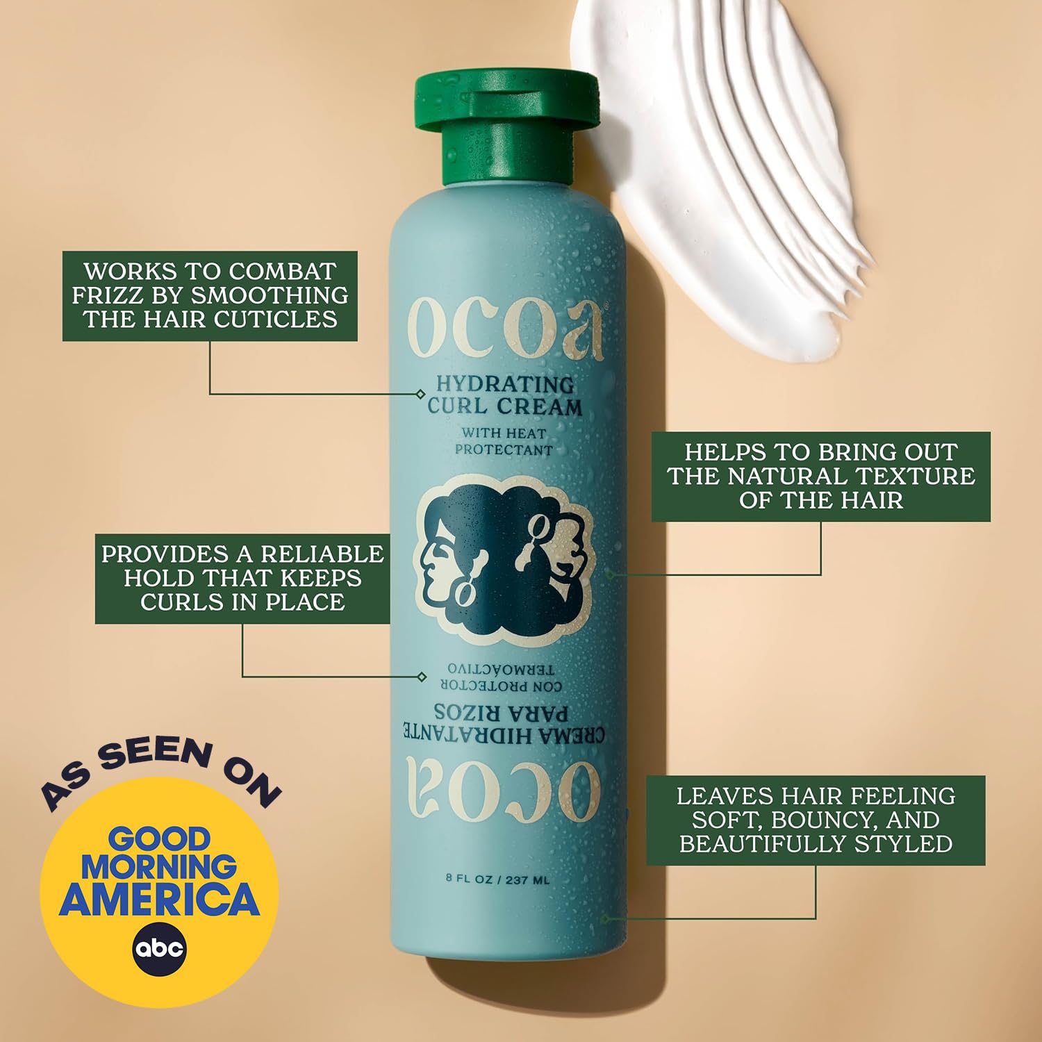 OCOA Beauty Hydrating Curl Cream with Hibiscus, Mango Butter & Marula Oil – Curl Defining Cream for Curly & Wavy Hair – Moisturizes, Controls Frizz, Adds Shine & Softness, Protects from Heat – 8oz - Image 2