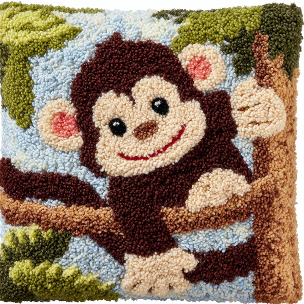 Taxpy DIY Latch Hook Kits 17X17 Inch, Cute Monkey Pattern Printed Throw Pillow Case Cushion Cover - Home Decoration Crochet Needlework Crafts with Latch Hook Tool for and Adults