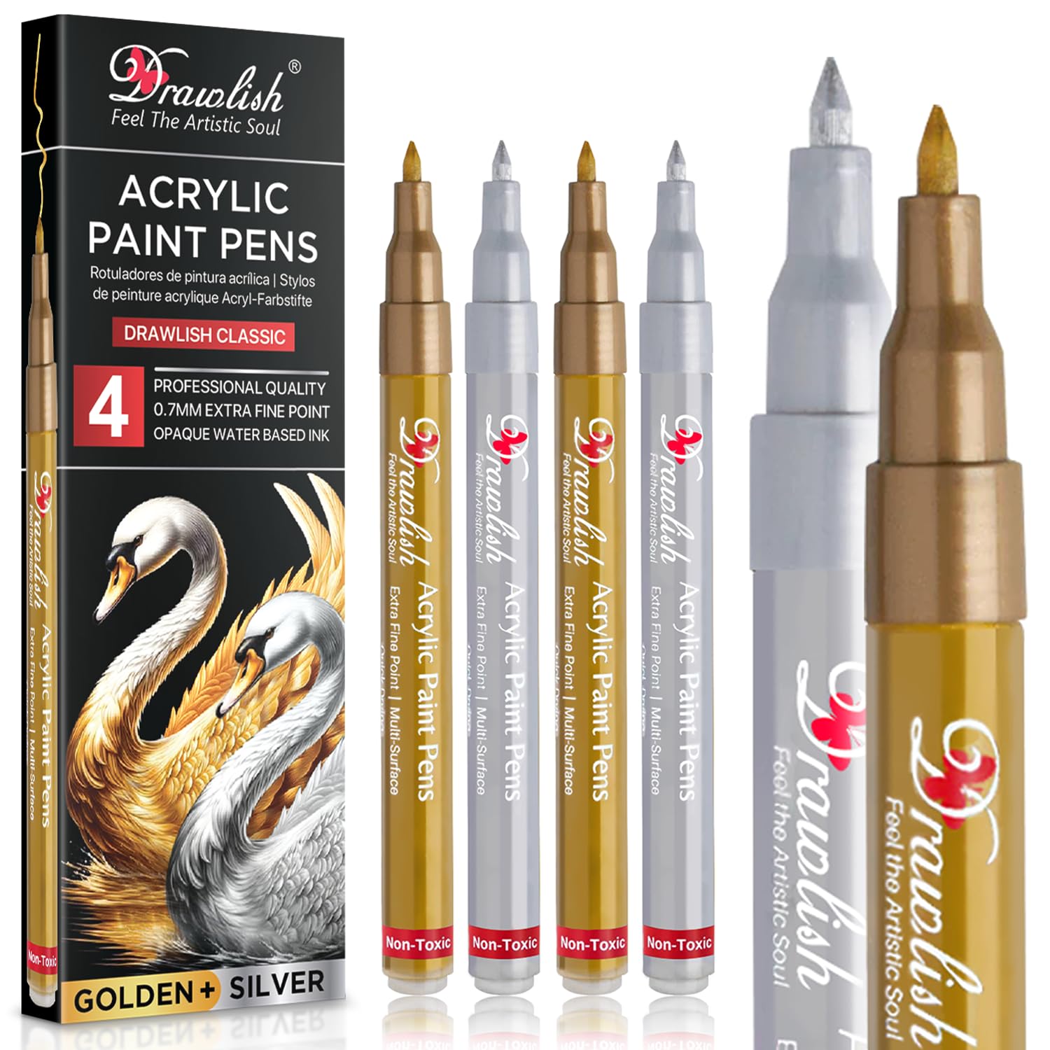 Acrylic Paint Pens - Metallic Marker Pens 2 Gold & 2 Silver Acrylic Pen - Set of 4 Paint Markers 0.7mm Extra Fine Tip - Ideal for Fabric, Glass, Wood, Canvas, Ceramic, Porcelain, Rock Painting