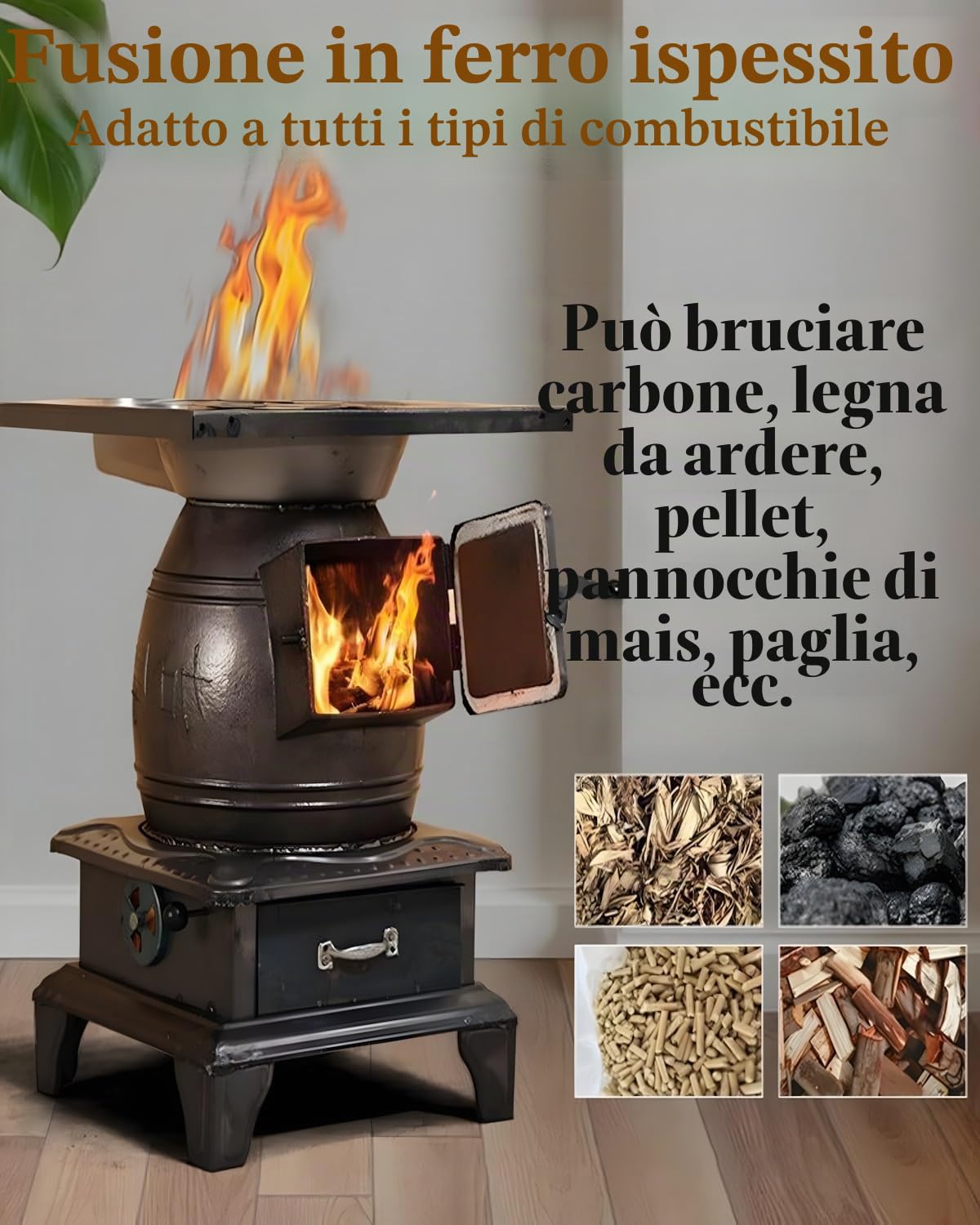 Stufa a legna per interni, riscaldamento efficiente con struttura in ghisa, per uso domestico ed esterno