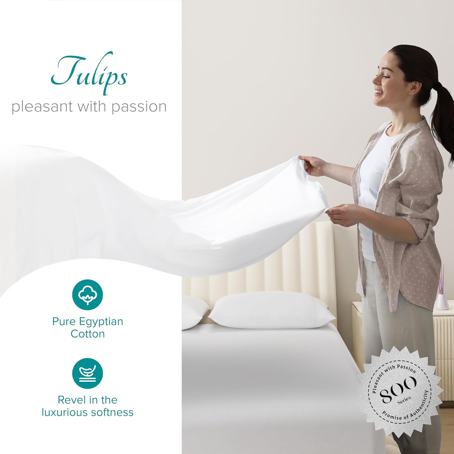 Carressa Linen 100% Egyptian Cotton Queen Sheet Set - 800 Series Tulips Collection Egyptian Cotton Sheets Queen Size (6 PC, Crisp White), 16" Deep Pocket Sateen Weave Luxury Hotel Bed Sheet