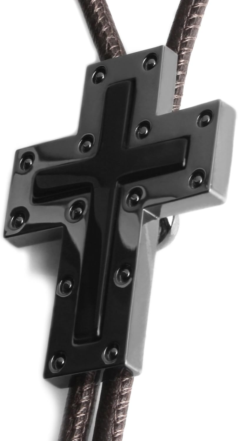 Bolo Tie Gemstone Onyx Genuine Leather Mens Glossy Metal the Cross Collection - X72
