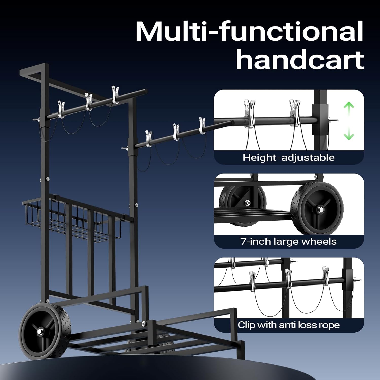 2-in-1 Leaf Bag Holder Cart & Hand Truck Dolly, Heavy Duty Garden Trash Bag Stand with 7" All-Terrain Wheels, 200lbs Capacity, Anti-Loss Clips & Utility Basket for Yard Work, Moving, Camping