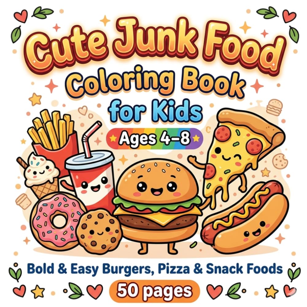 Cute Junk Food Coloring Book for Kids Ages 4–8: Bold & Easy Burgers, Pizza & Snack Foods