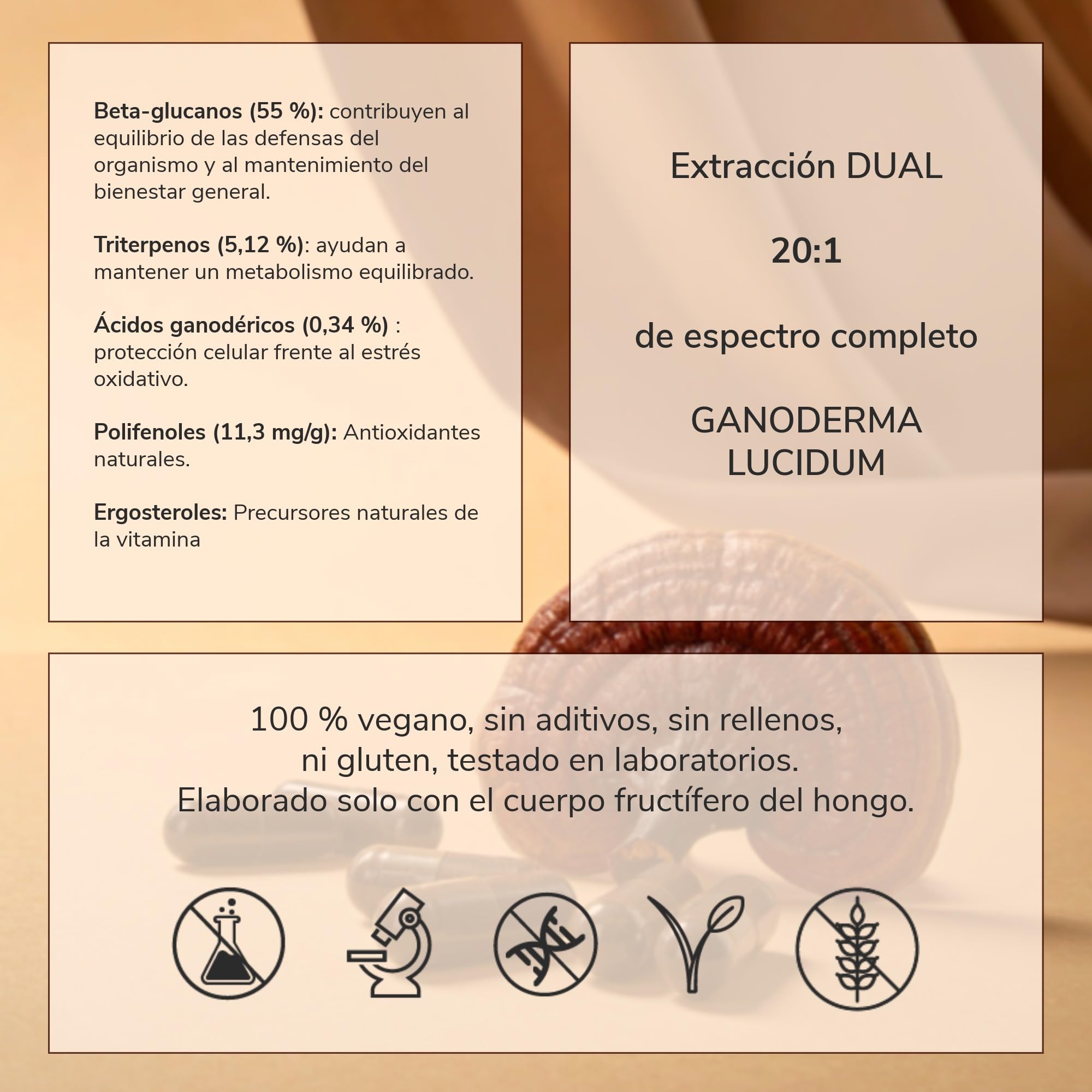 Extracto de Reishi, Ganoderma Lucidum, 420mg, Cápsulas Vegetales, 55% Beta-Glucanos, 5.12% Triterpenos, para Descanso, Inmunidad y Equilibrio Emocional