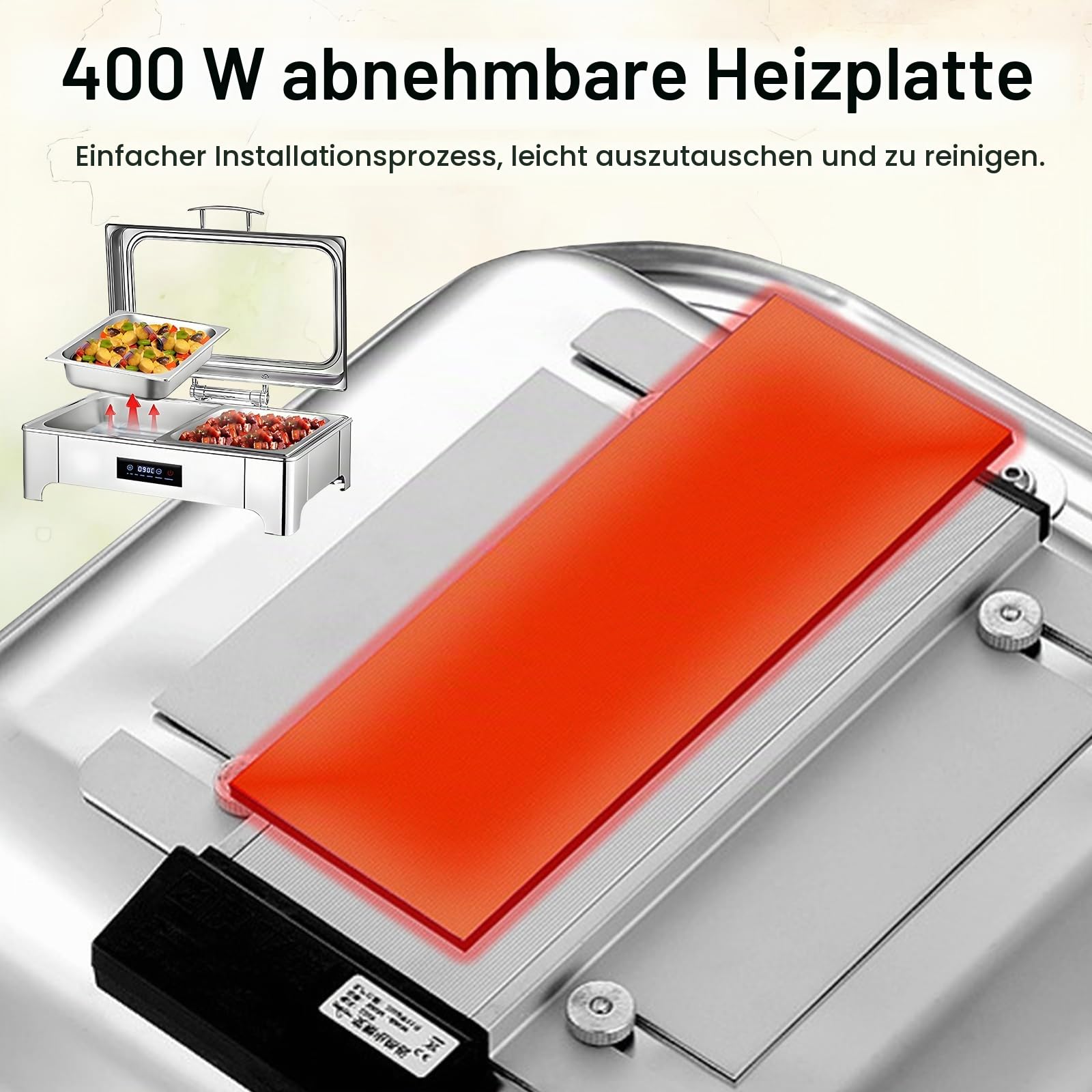 Elektrischer Chafing Dish Glasdeckel, 9L Edelstahl(1/3 Pan) | Speisewärmer Buffetwärmer Elektrisch Einstellbarer Temperatur, Warmhaltebehälter Essen Elektrisch mit Abnehmbarer Heizplatte