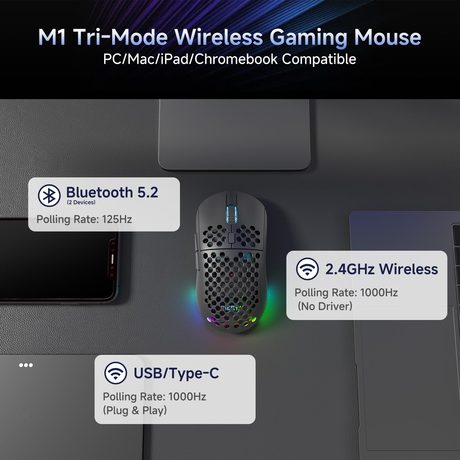 Dierya Ensemble Gaming sans Fil, M1 Souris Gamer 24000 DPI et DK68 Clavier Mécanique 65% Noir, Setup PC Multitâche Minimaliste (Pack de 2)