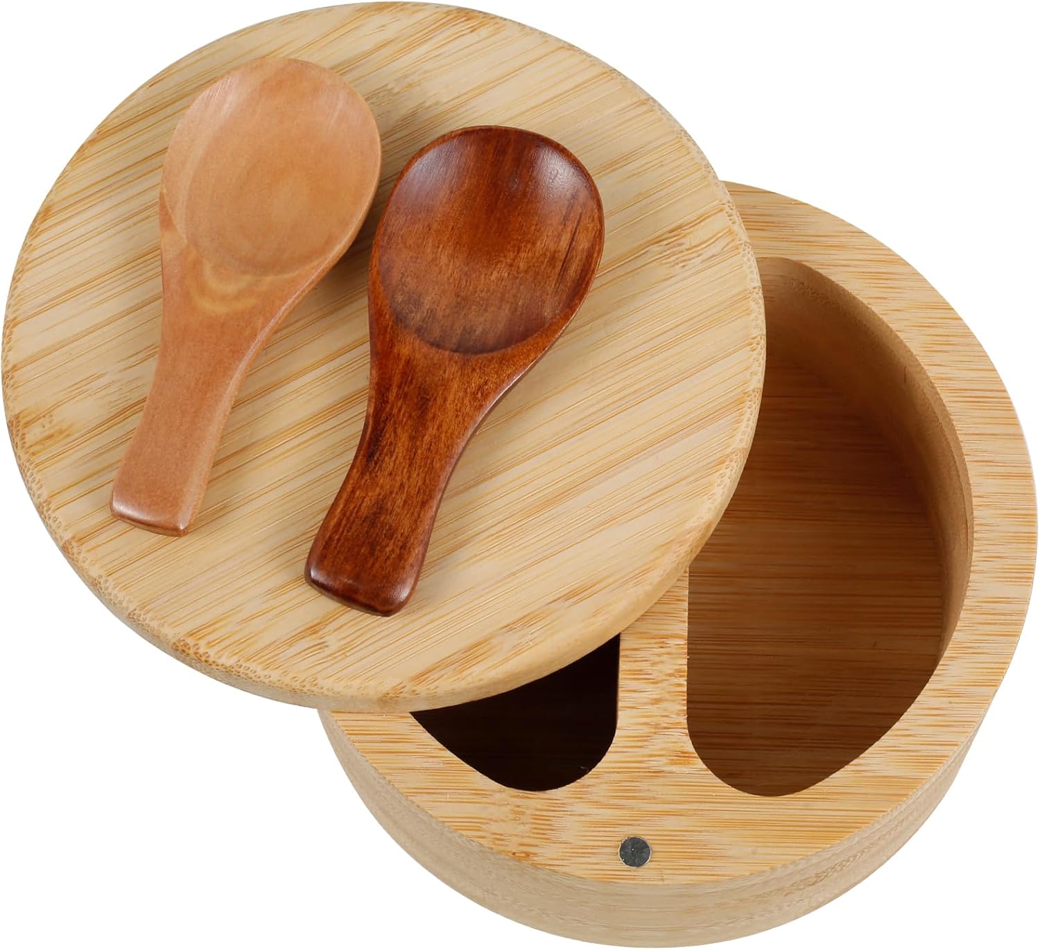 Salt and Pepper Bowl, Bamboo and Box with Rotating Magnetic Lid 2 Compartments and Cellar with Spoon Round Spice
