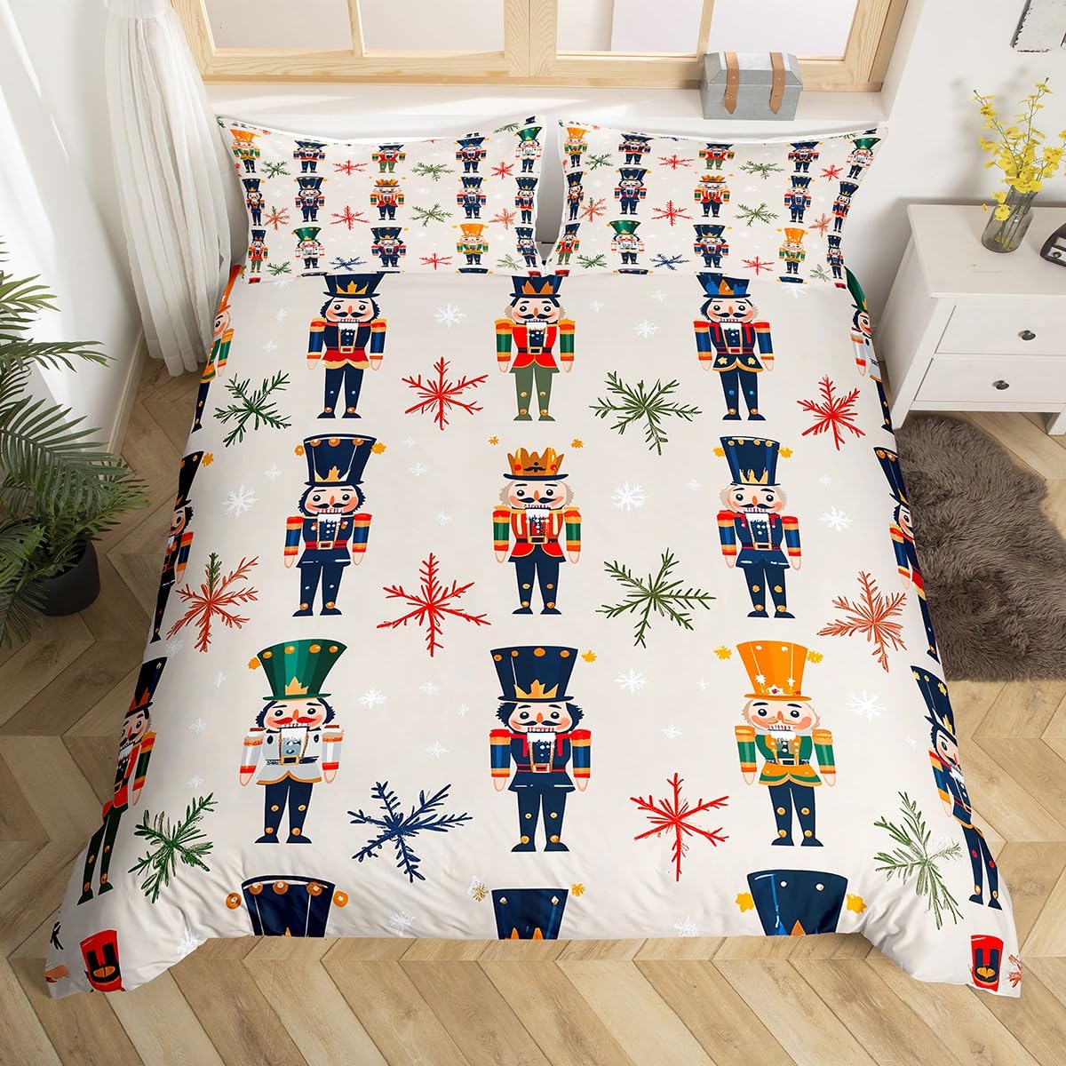 Loussiesd Cute Christmas Bedding Set Super Super King Size Kids Cartoon Soldiers Duvet Cover Set for Boys Girls Snowflake Xmas Duvet Cover with 2 Pillowcases Soft Microfiber Room Decor — image 1