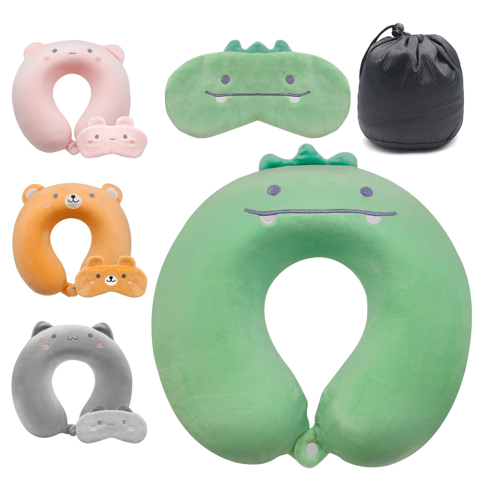 Bear Travel Pillow, Cute Neck Pillow for Kid, Memory Foam Neck Support Pillow(Washable Cover) with Cute Eye Mask for Sleeping Rest on Airplane Lightweight Travel Headrest