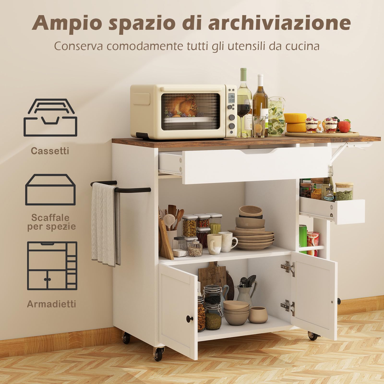 YU YUSING Isola Cucina con Piano Ribaltabile, Carrello da Cucina Salvaspazio con 4 Ruote, Mobile Cucina con 4 Ripiani, Mobile Microonde, Credenza Cucina, Manico in Ferro, Cassetto, 104x40x89cm, Bianco
