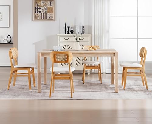 Vista 26 de EALSON Juego de 2 sillas de comedor de ratán, tapizadas de cuero, sillas de cocina de madera modernas de mediados de siglo, sillas laterales sin