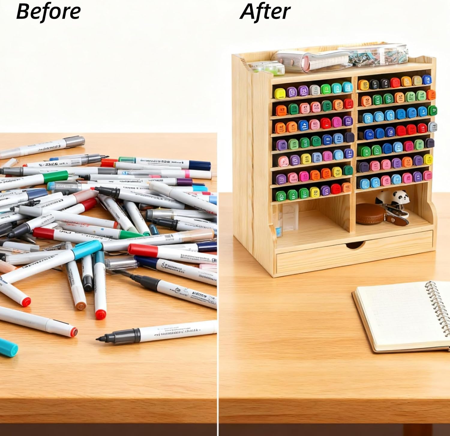 Dicunoy Wooden Marker Organizer Rack, Hold 98 Markers Holder with Drawer, Desktop Sturdy Art Supply Storage Caddy for Colored Pencils, Art Brushes, Home, Classroom, Office, No Assembly Required