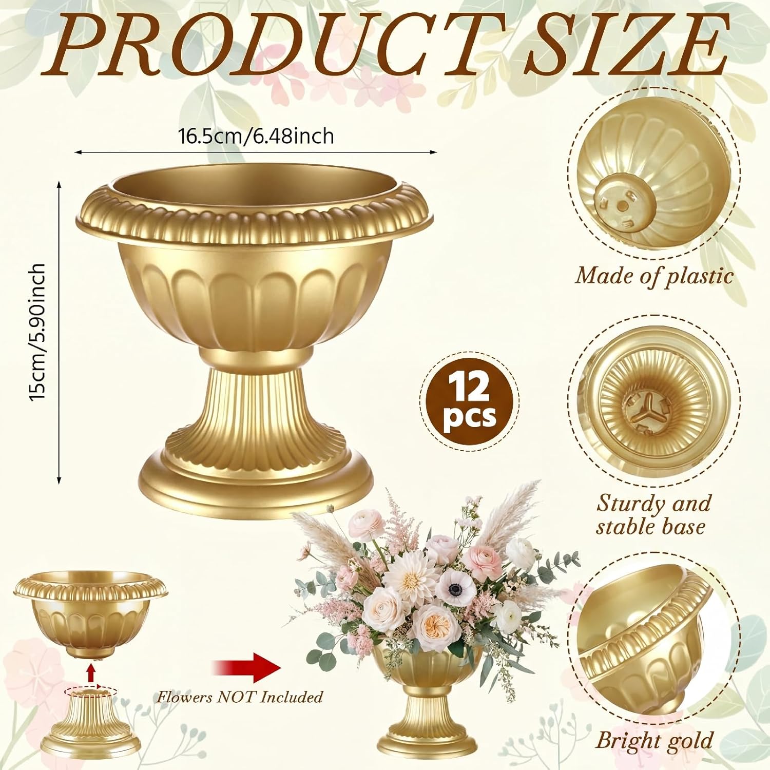 Vesici 12 Pcs Gold Urn Vase for Centerpieces Wedding Table Decoration Centerpieces Gold Compote Bowl Vase 6.48'' Wide 5.9'' High Vintage Plastic Flower Vases for Wedding Home Birthday Party Decor