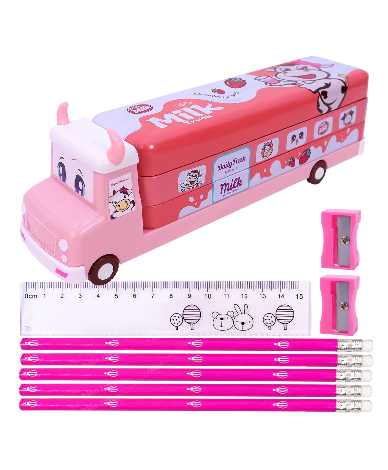 Elecart Double Decker Magic Bus Metal Pencil Box with Moving Wheels for Kids Cartoon Printed School Bus Model Birthday Return Gift for Girls Kids (Pink) (Milk Truck Pink) (B0BHKX7X3S) Amazon Price History, Amazon Price Tracker