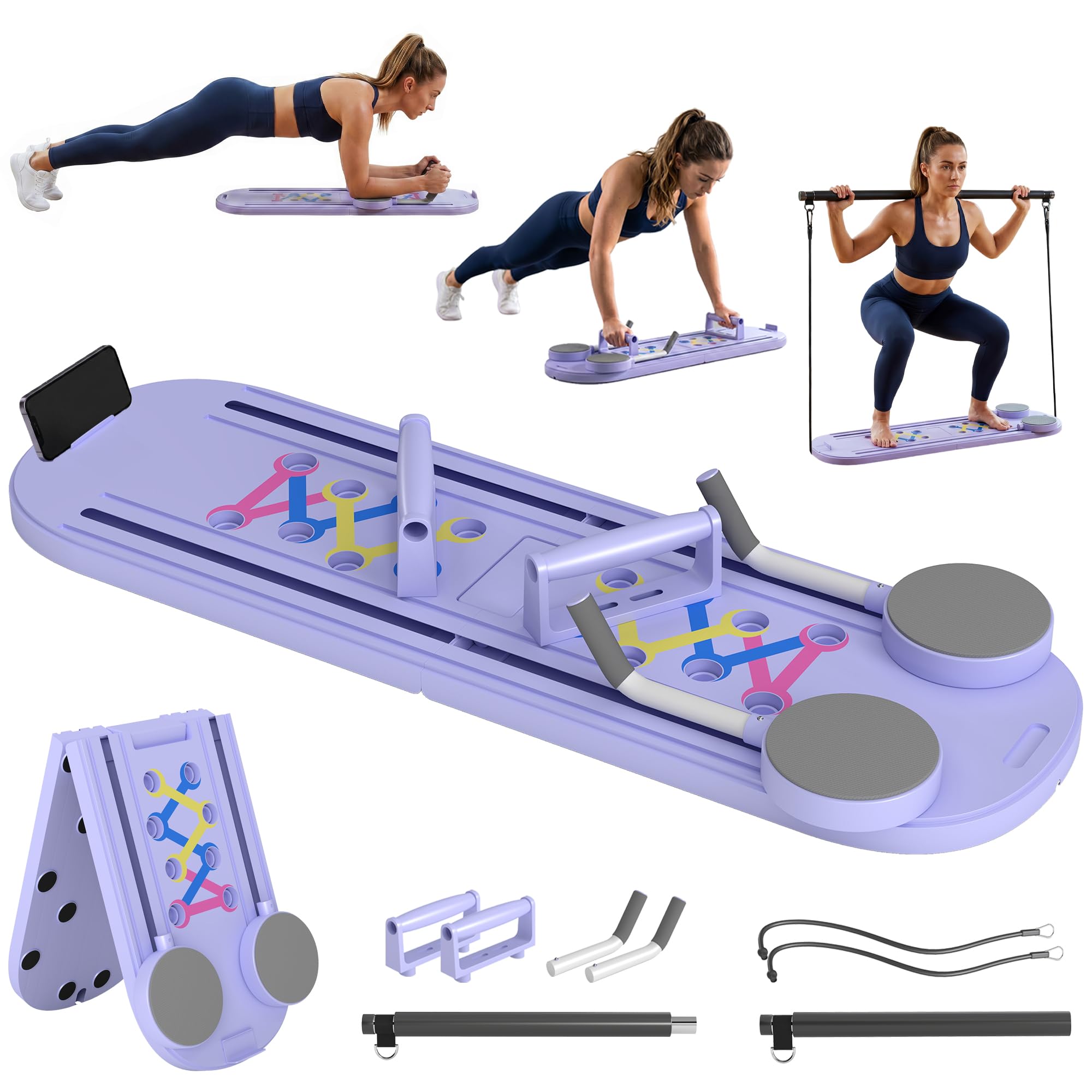 SPORTNOW Tavola Pilates 5 in 1 Pieghevole Pilates Reformer Blu Chiaro | per Allenamento a Casa, Attrezzo Fitness Portatile, Bande Elastiche, Maniglie per Piegamenti, Allenamento Completo Donna