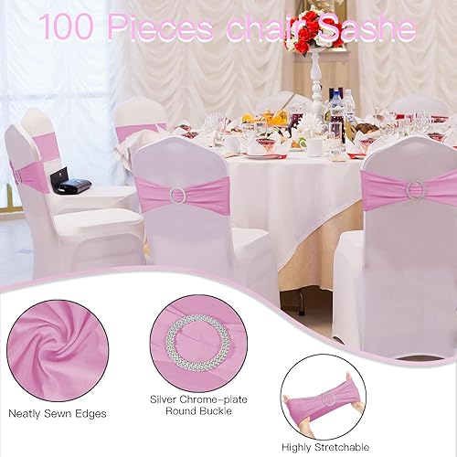 Miniatura 3 de WJWHQ 100 cintas elásticas de elastano para silla, lazos elásticos para silla, lazos con hebilla deslizante para bodas, fiestas, recepciones,