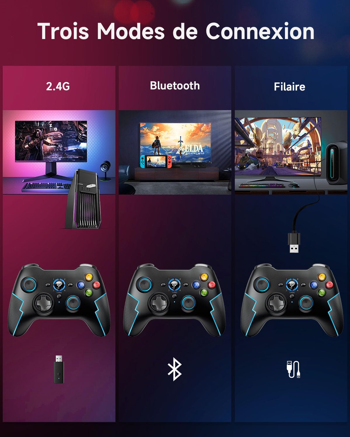 EasySMX Manettes PC PS3 sans Fil Rechargeable, 9013PRO Manette Switch Pro sans Fil Bluetooth, Manette PC pour Téléphones Android iOS, Android TV Box et Tesla, Noir Bleu