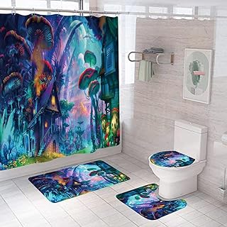 YRWDNV Set di Tende da Doccia 4 Pezzi Castello di Funghi Rosa Blu Camera da Letto Vasca Set Bagno Accessori Completo 150 x 180 cm