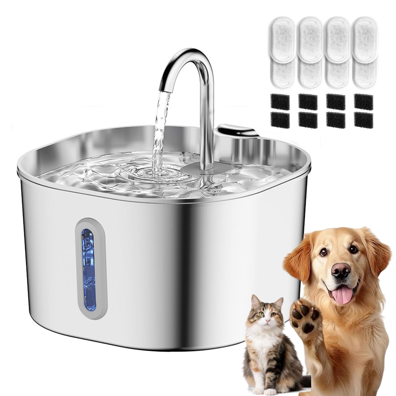 Selene The Doggy Fountain, Selene Dog Water Fountain, 2.2L Stainless Steel Cat Water Fountains with Visible Water-Level, Triple Filtration System & Ultra-Quiet Pump for Dogs&Cats (with 8 Filter Kit)