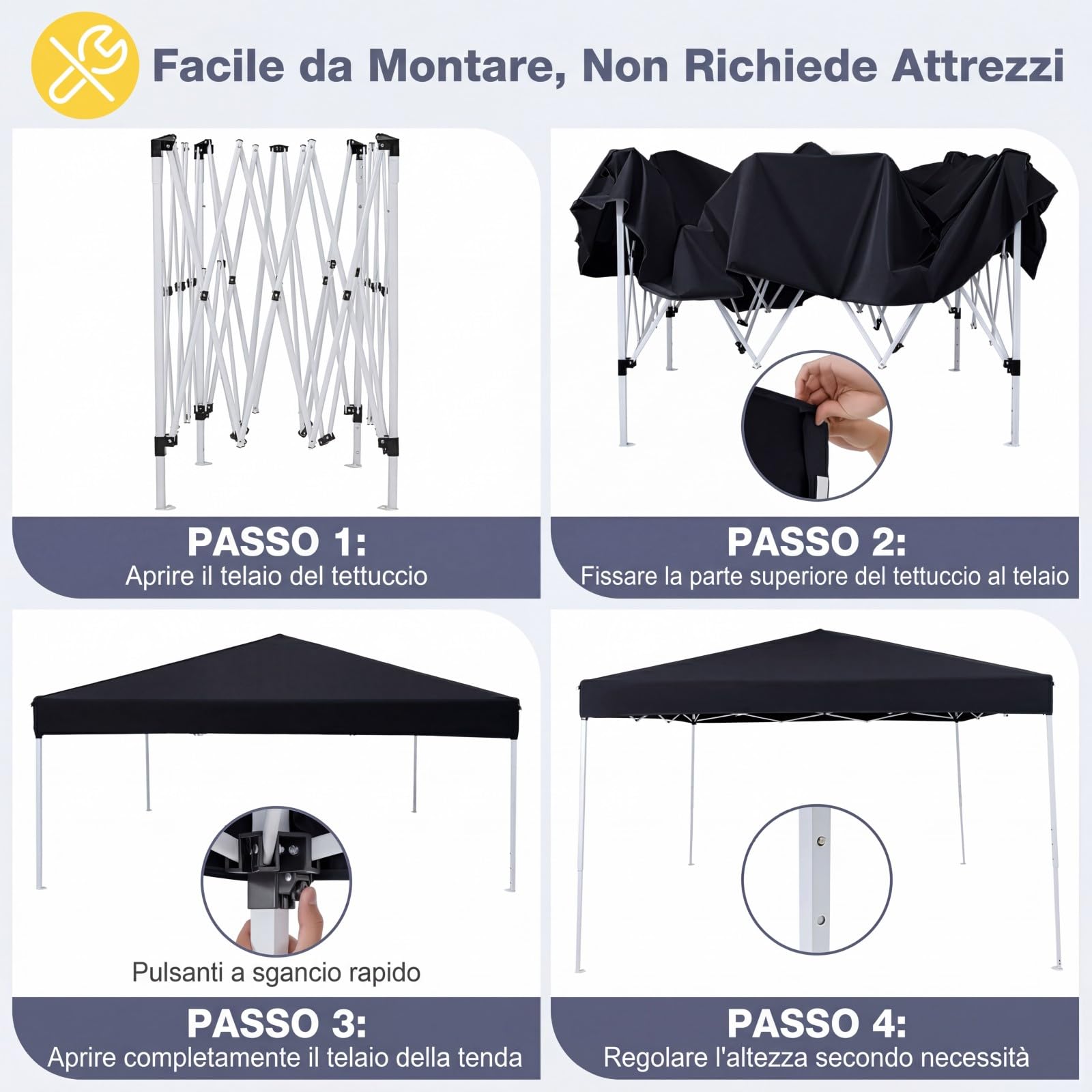 COSTWAY Gazebo da Esterno Pieghevole 290 x 290 cm, Gazebo Pop up con 4 Sacchi di Sabbia e Borsa da Trasporto, Regolabile in Altezza, Telaio Robusto in Metallo, per Mercato, Campeggio (Nero)