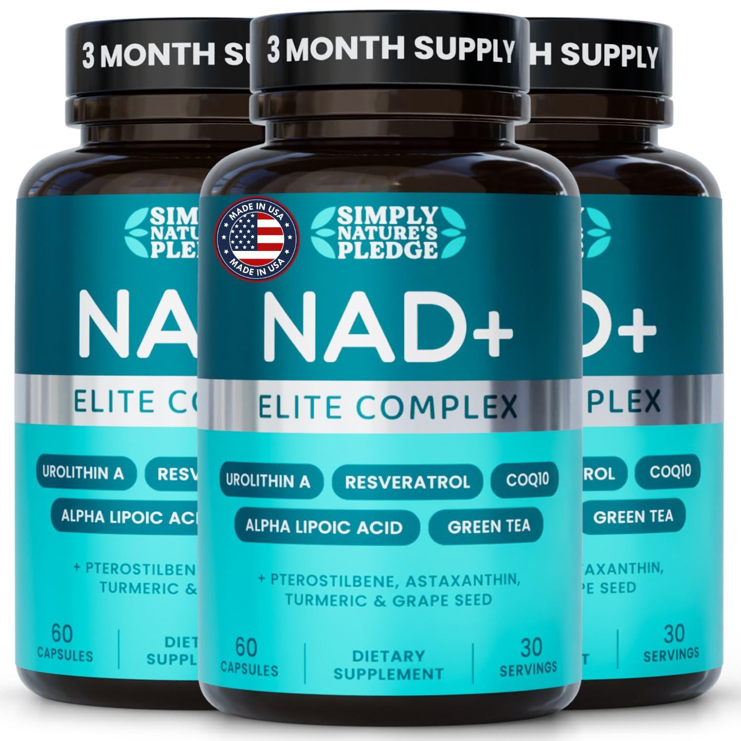 Simply Nature's Pledge NAD + Elite Complex 750mg, 60 Capsules (Pack of 3) 60 Count (Pack of 3)