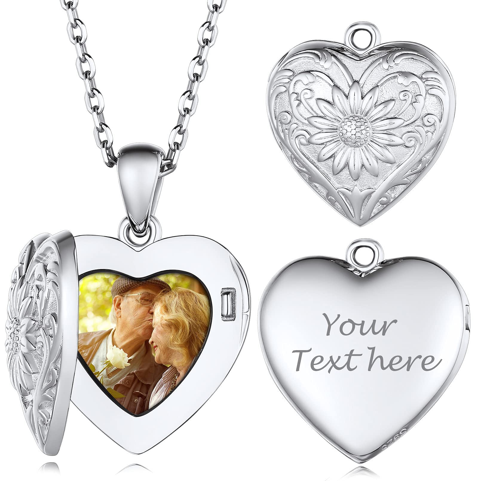 Custom4U Collana S925 Argento Antiallergico 1/2 HD Foto Personalizzato con Nome Fiore Girasole Collana Commemorativo per Mamma Amici Famiglie Oro Placcato 41/46/55 CM