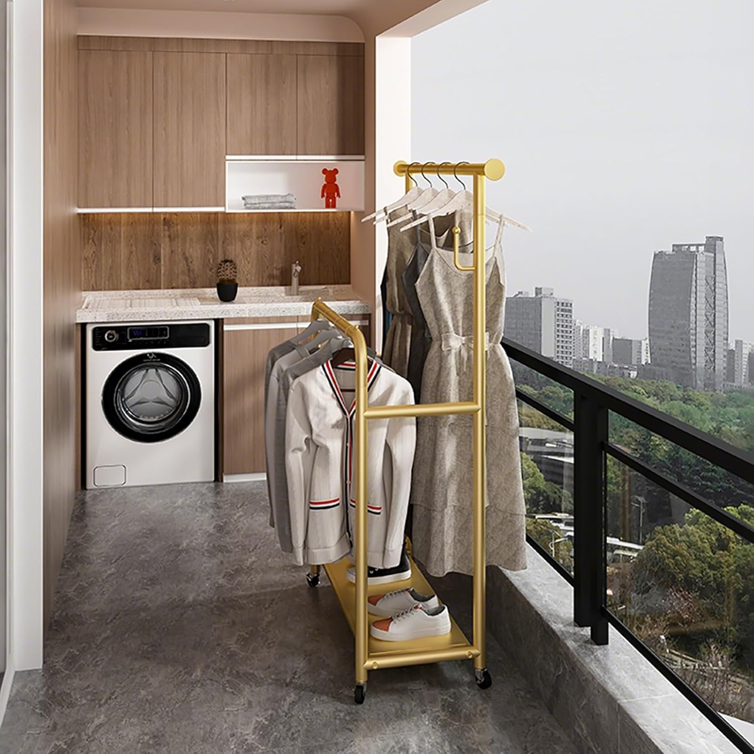 頑丈なダブルロッド洋服ラック、キャスター付き、ポータブルメタルガーメント、丈夫なゴールドコートを掛ける、寝室用、120cm (47.