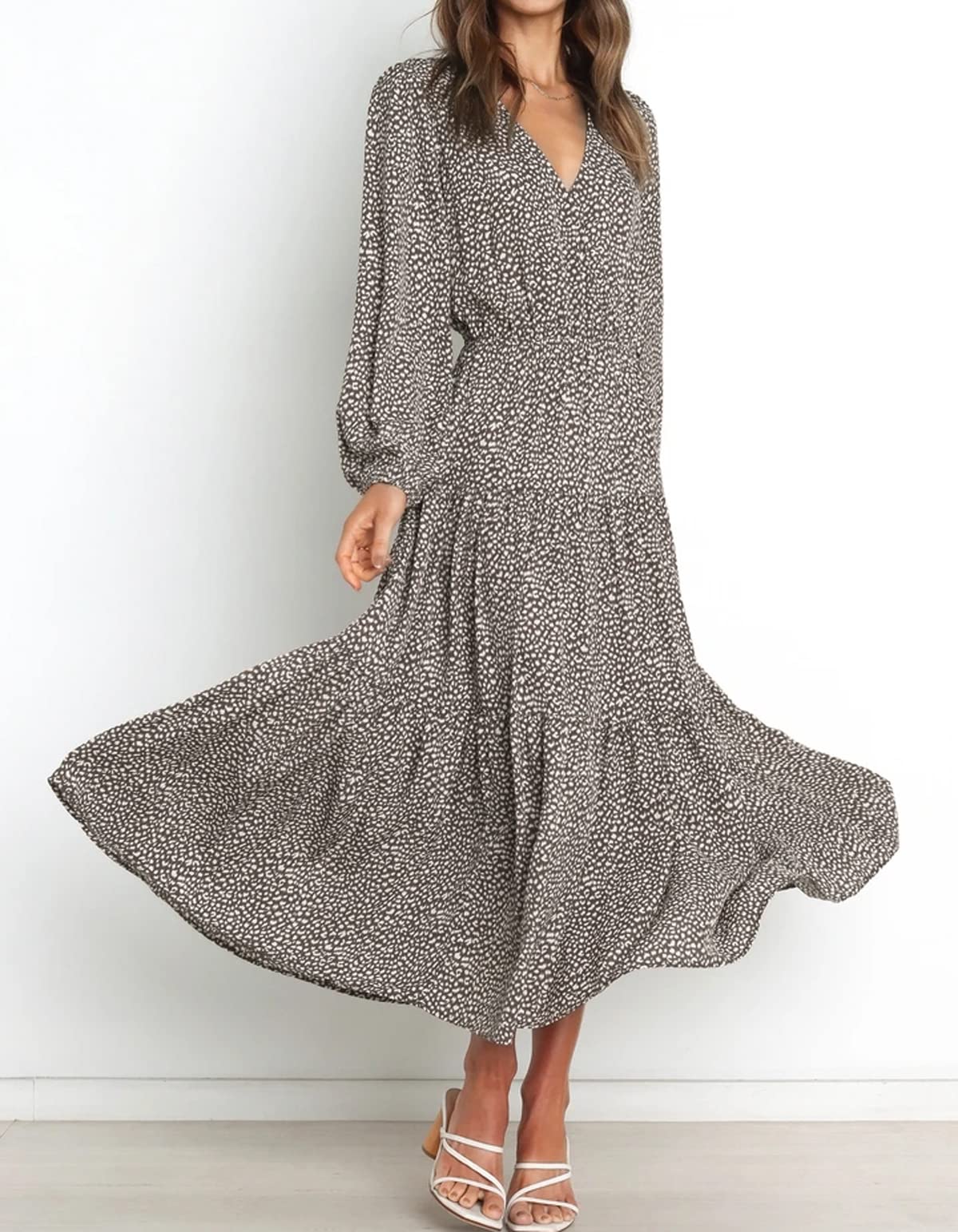 R.Vivimos Women's Fall Long Sleeve Casual Dresses Wrap V Neck Polka Dots Tiered Ruffle Flowy Midi Dress with Belt