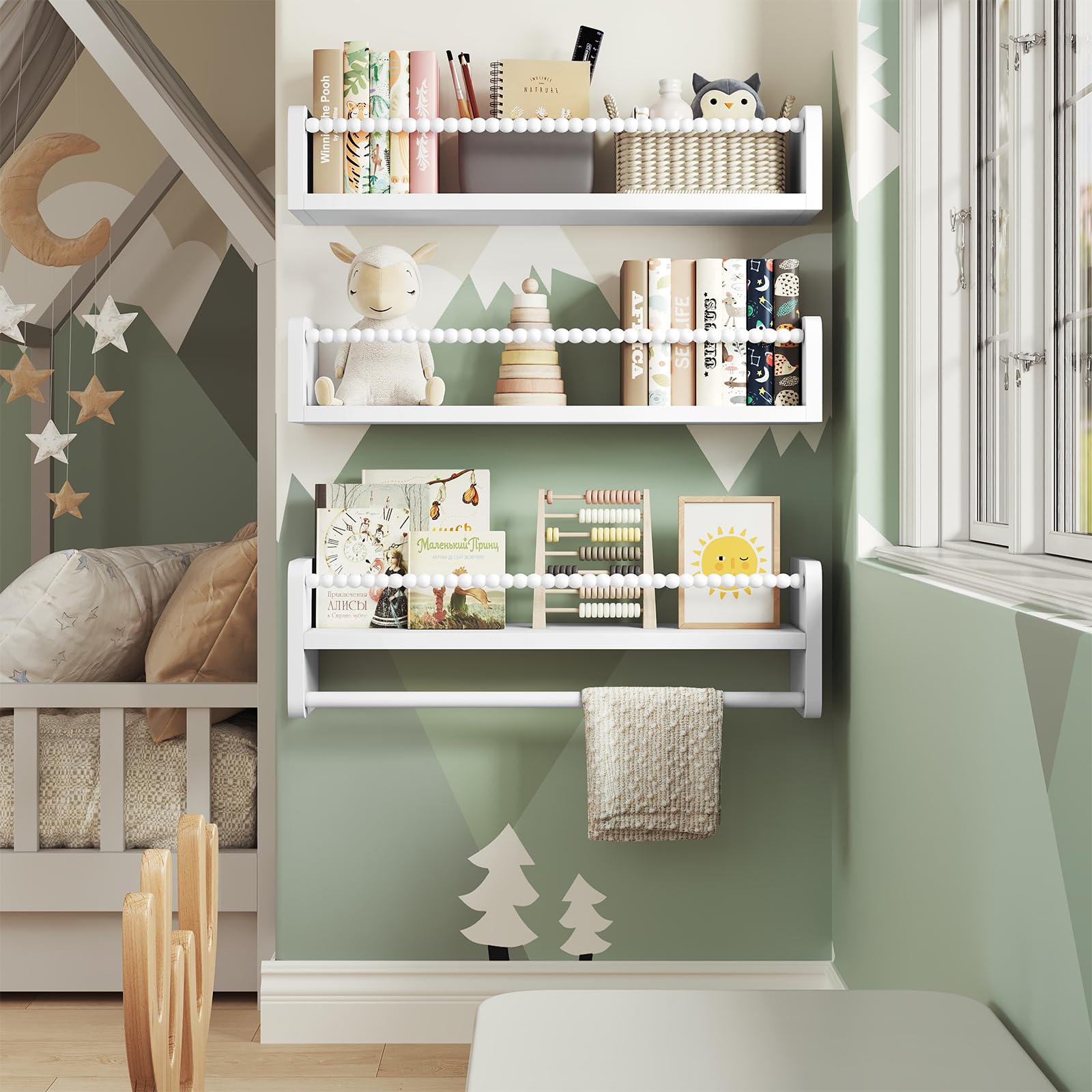 WOLTU 3er Set Kinder Bücherregal Wand, 50cm Wandregal Kinderzimmer, aus Massivholz, Hängeregal Schweberegal Kinderregal, Montessori Regal, für Bücher Spielzeug, Weiß