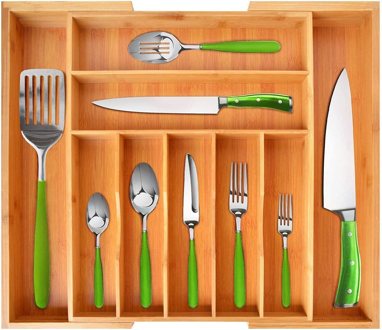 PRITZKER Bamboo Kitchen Drawer Organizer, Expandable Cutlery Tray, Silverware Utensil Holder with Grooved Drawer Dividers for Flatware and Kitchen Utensils (9 Slot, Natural)