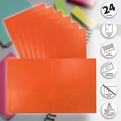 Miniatura 3 de Better Office Products Carpetas de plástico pesado con 2 bolsillos, carpetas de polietileno tamaño carta, paquete de 24 (naranja)