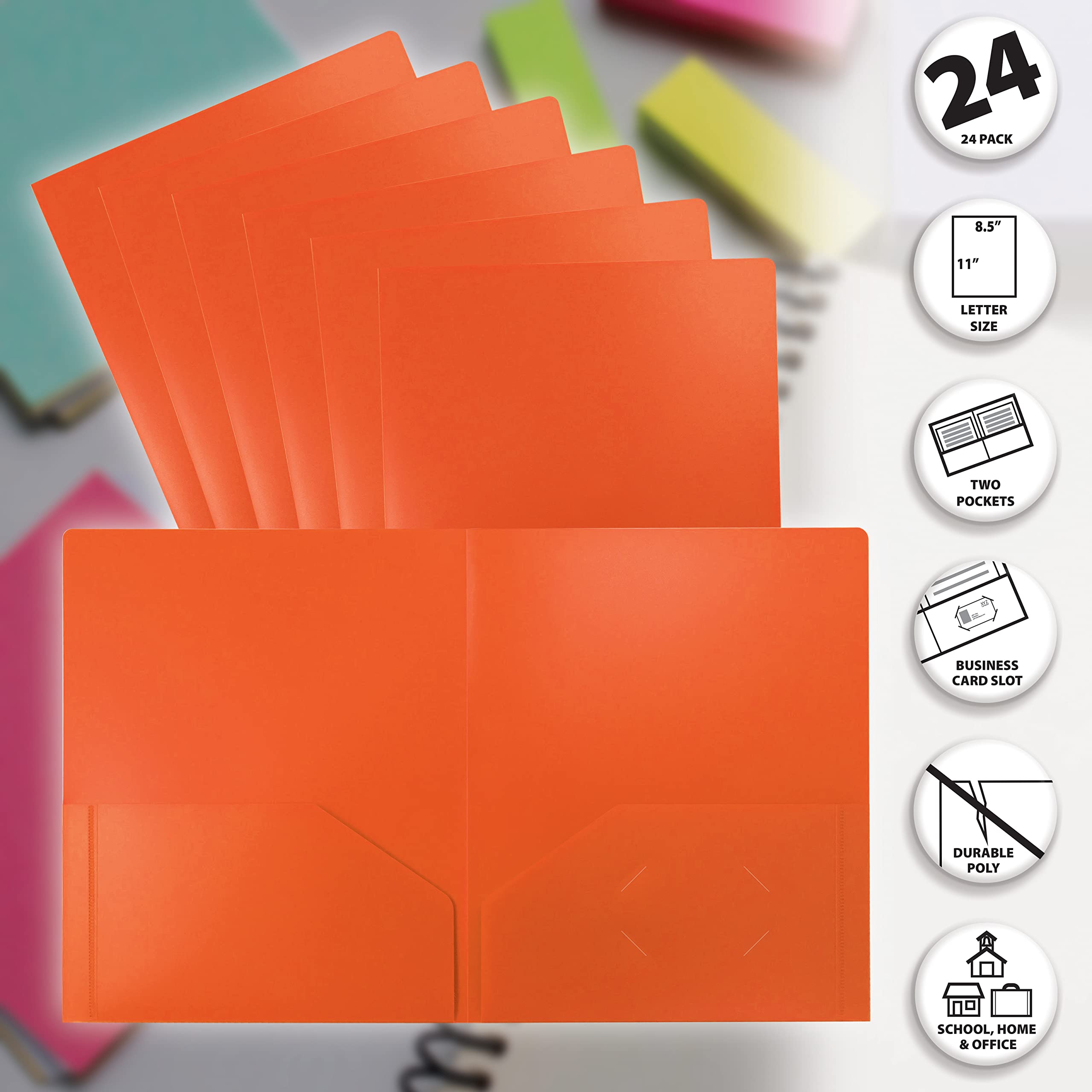 Better Office Products Heavyweight Plastic 2 Pocket Portfolio Folder, Letter Size Poly Folders 24 Pack (Orange) - Image 3
