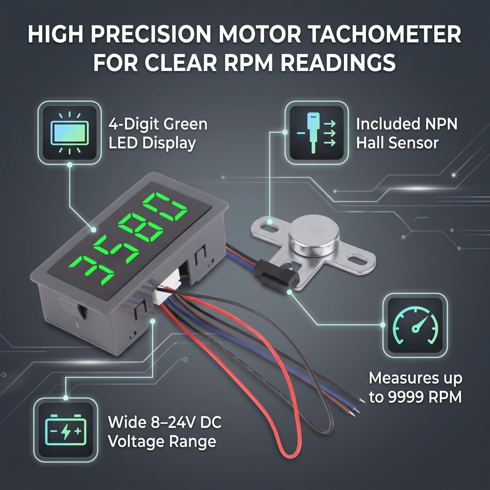 Compte-tours moteur industriel tachymètre LED 4 chiffres capteur Hall NPN for applications industrielles