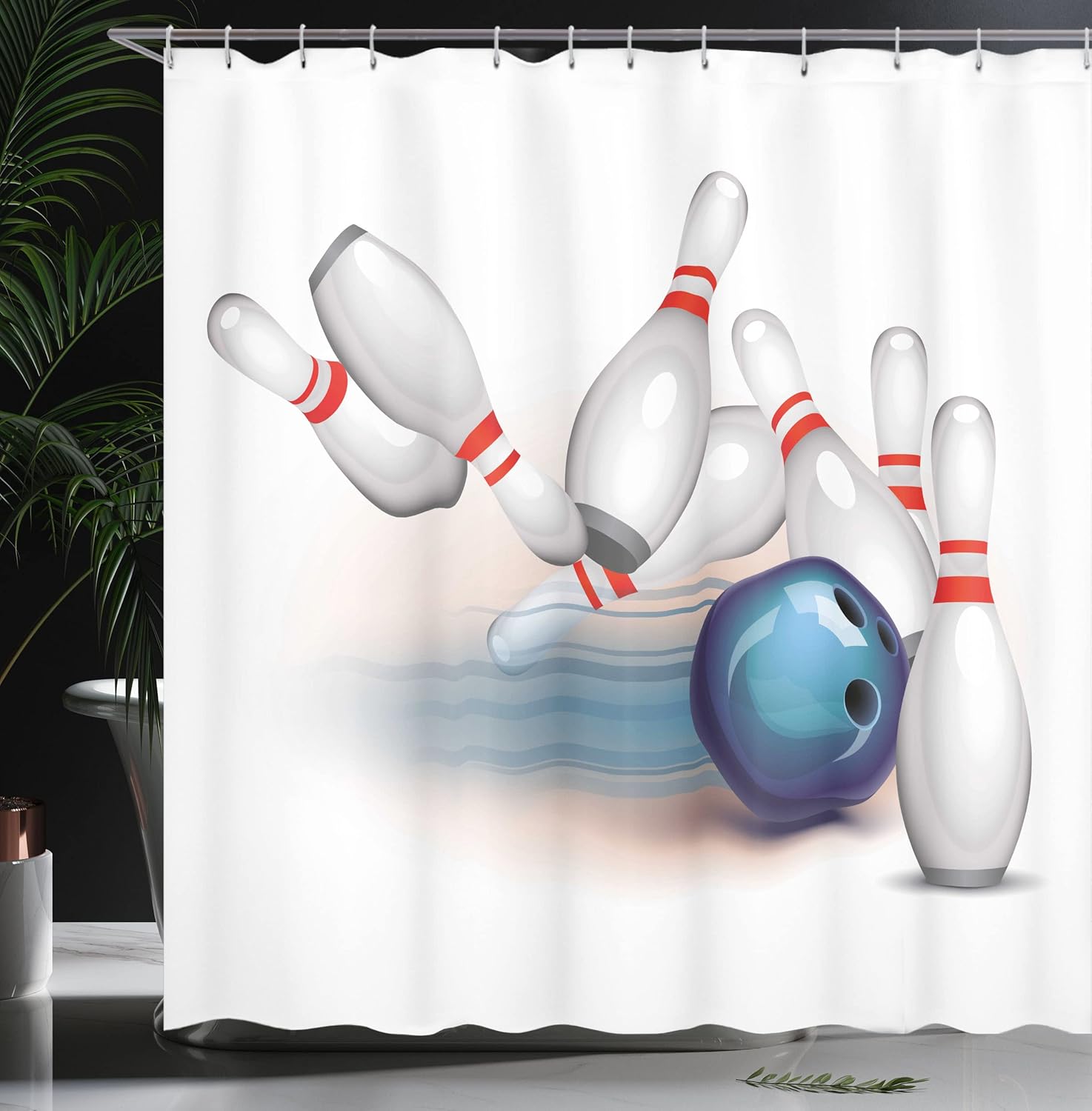 Ambesonne Bowling Party Shower Curtain, Thrown Ball and Scattered Pins Speed Hit The Target Shot Score, Cloth Fabric Bathroom Decor Set with Hooks, 69" W x 70" L, White Pale Blue Red