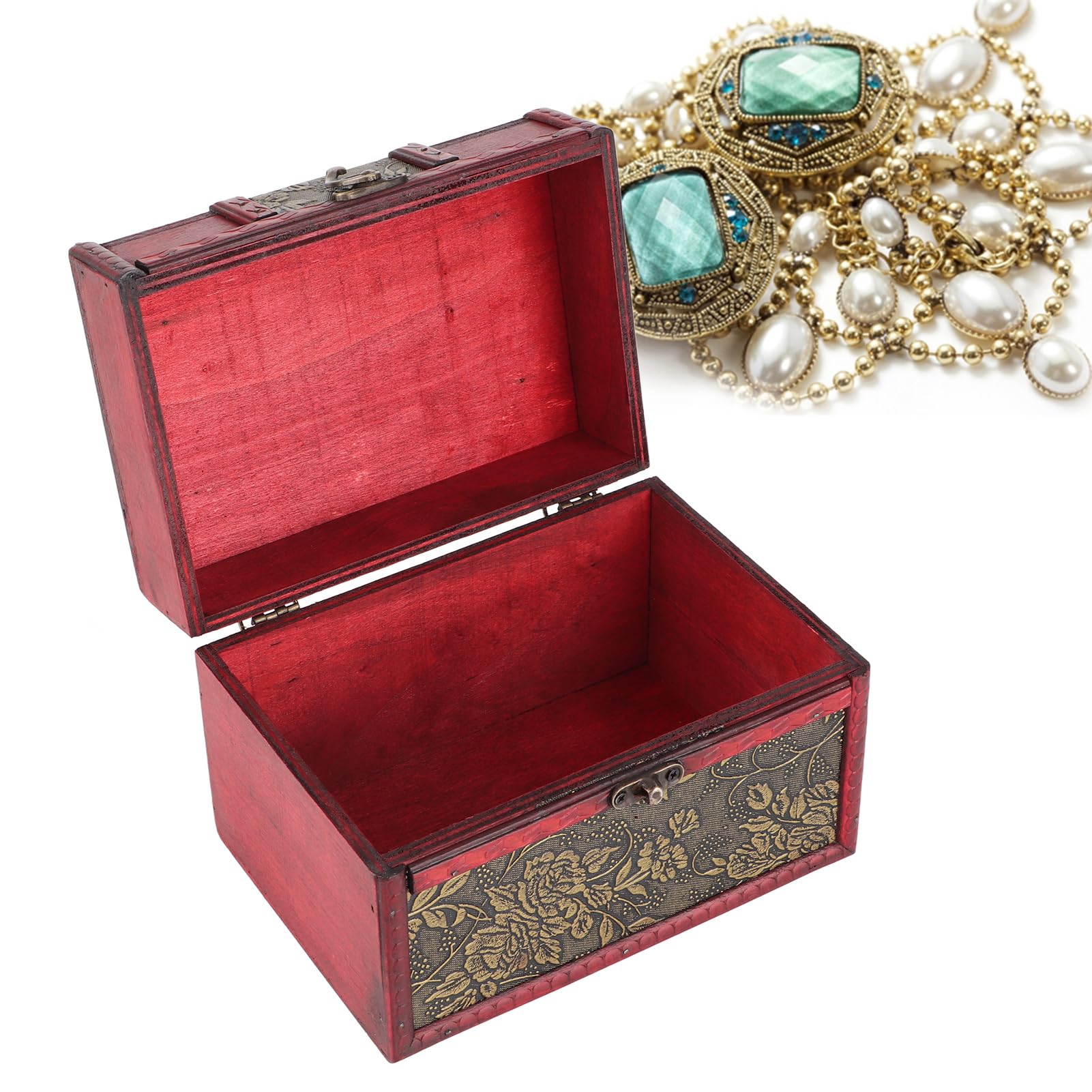 Organizer na biżuterię w stylu europejskim – przenośna drewniana witryna z zawiasami w stylu vintage, kompaktowe przechowywanie pierścionków i kolczyków (14 x 8,9 x 8,9 cm)