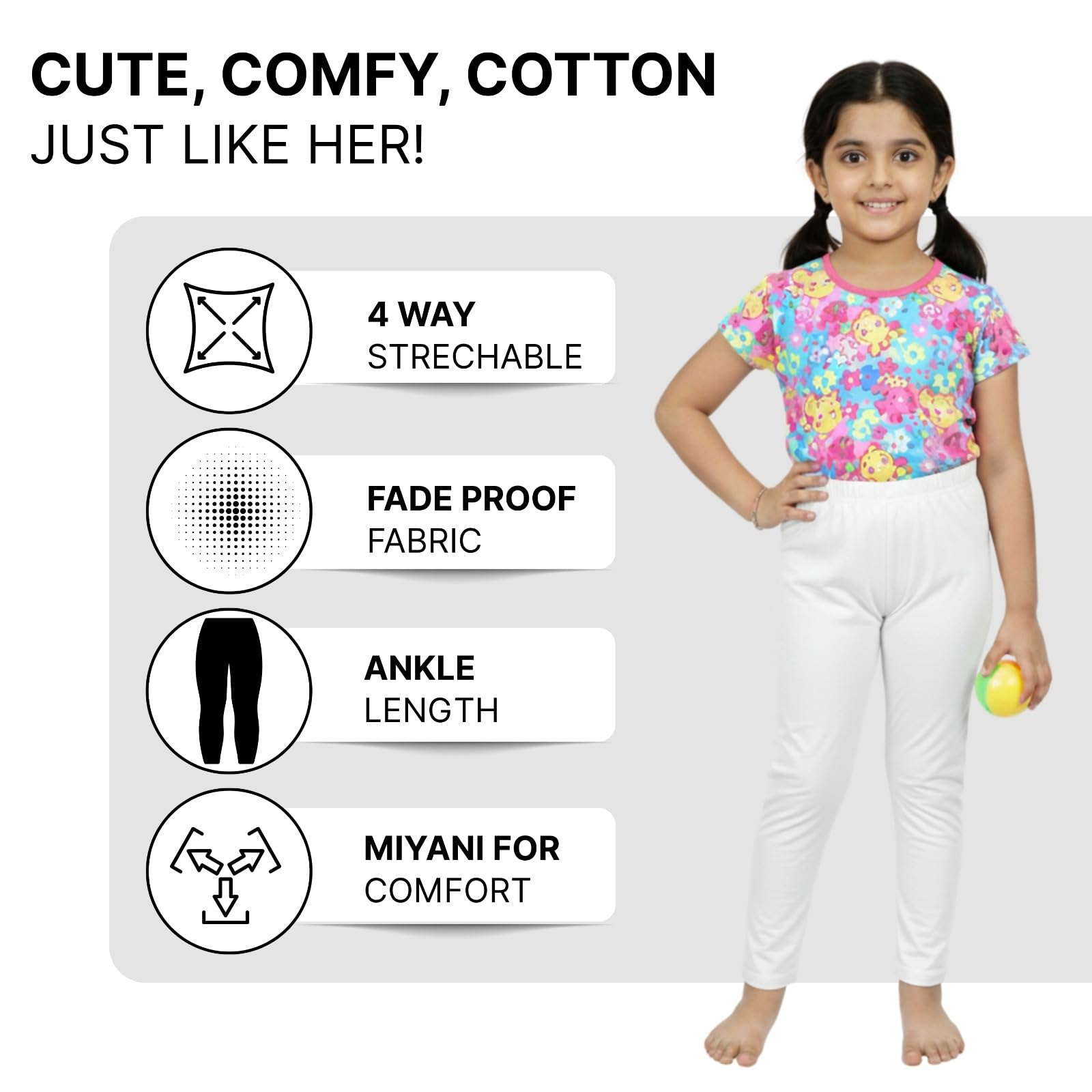 comfycute Cotton Leggings for Girls | Soft Stretchable Plain Ankle Length Bottoms for Kids | Non-Transparent Fabric | Comfortable Regular Fit Daily Leggings for All Day Use | 4-5 Yr White - Image 5 thumbnail