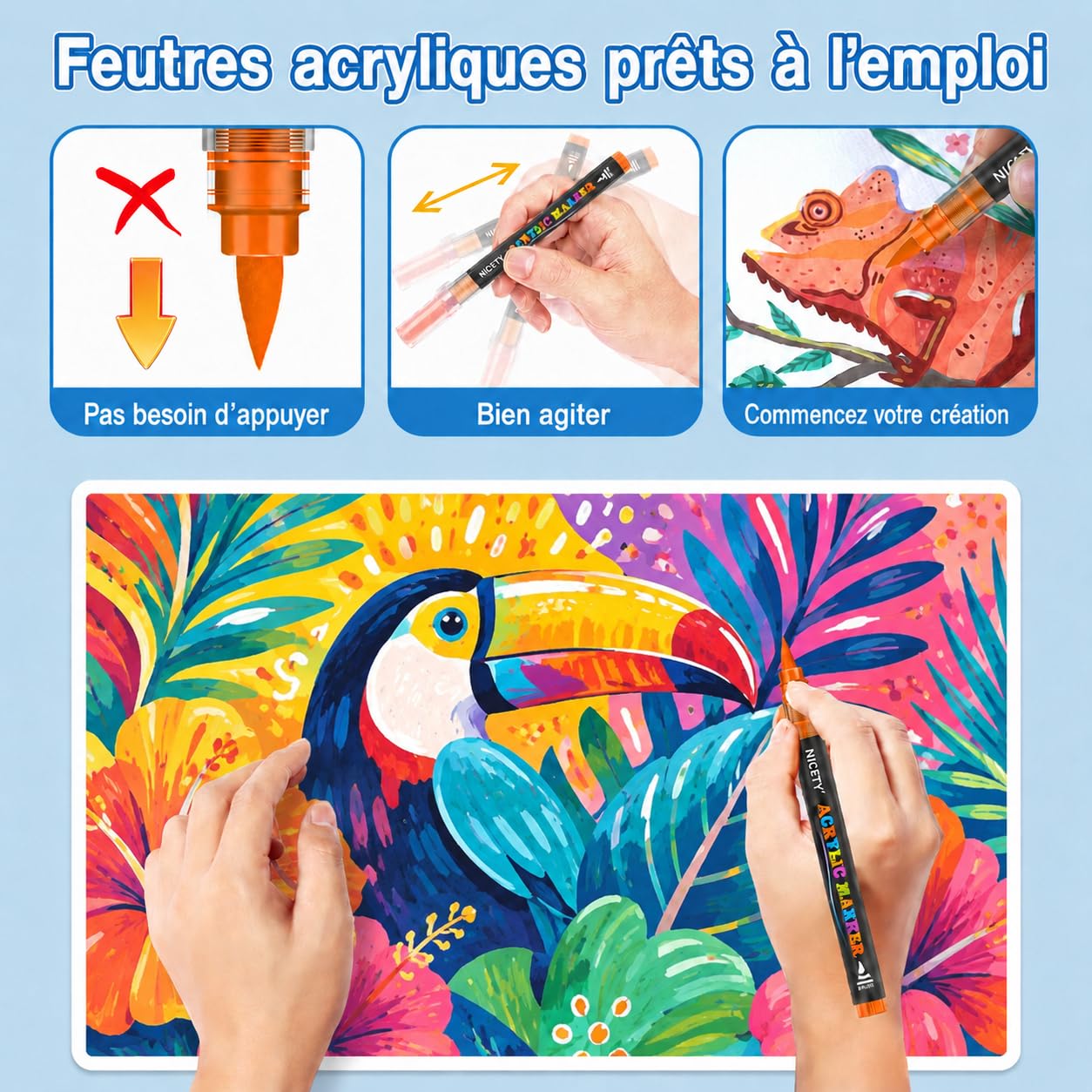 NICETY 264 Feutres Acryliques à Pointe Pinceau - Marqueurs Peinture à l'Eau Multi-Supports pour Pierre, Bois, Céramique, Verre - Pointe Flexible 1-6mm pour Artistes, Débutants et Adultes