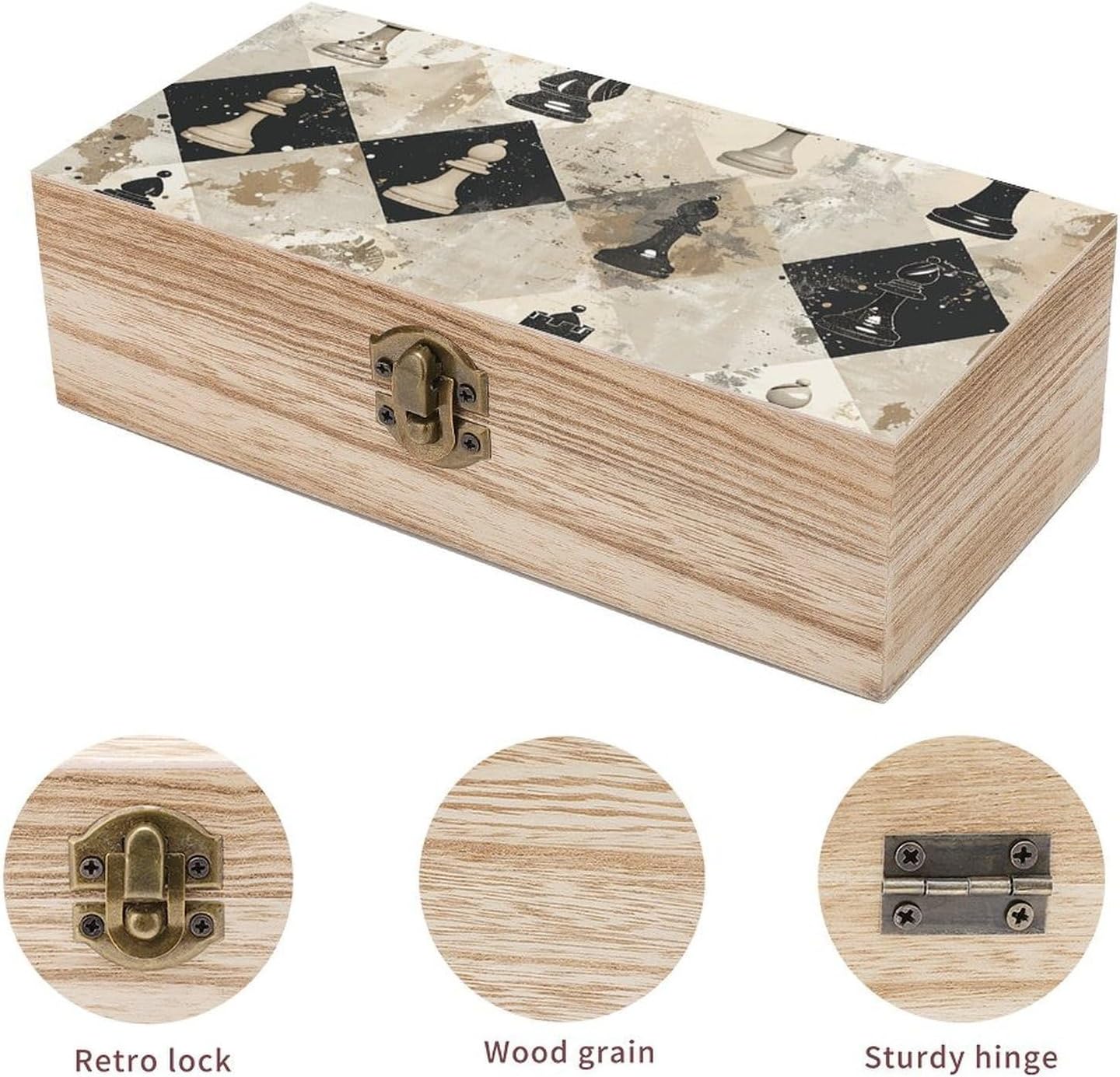 Chess Piece Brown Pattern Wooden Box with Hinged Lid, Large Photo Storage Box for Women Men, Keepsake Treasure Chest Boxes, Jewelry Organiser Case, Memory Case, 7.9'' X 3.9'' X2.3''