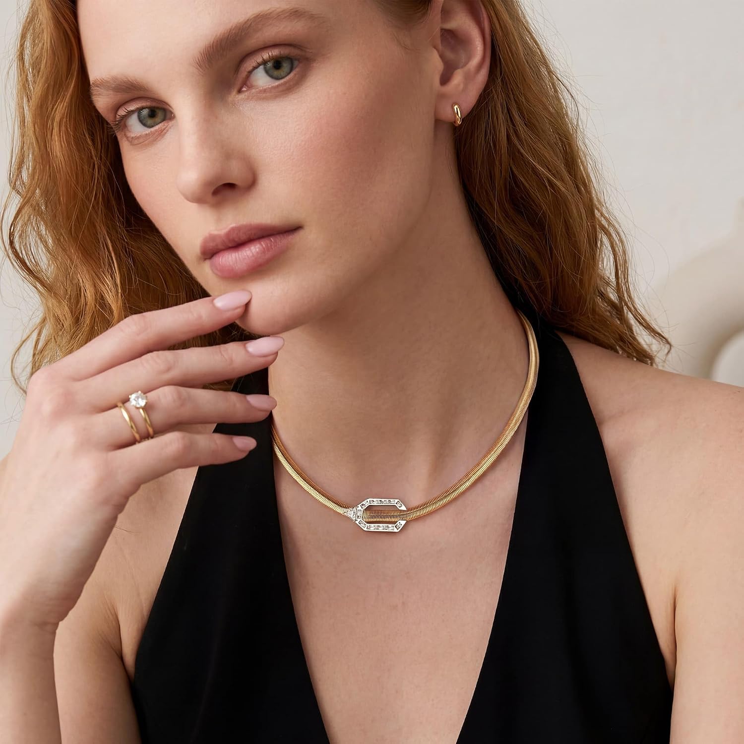 MYEARS 14K Gold Plated Herringbone Necklace for Women, Dainty Snake Chain Choker Cubic Zirconia Heart Charm Queen Elizabeth Coin Charm Jewelry for Gifts