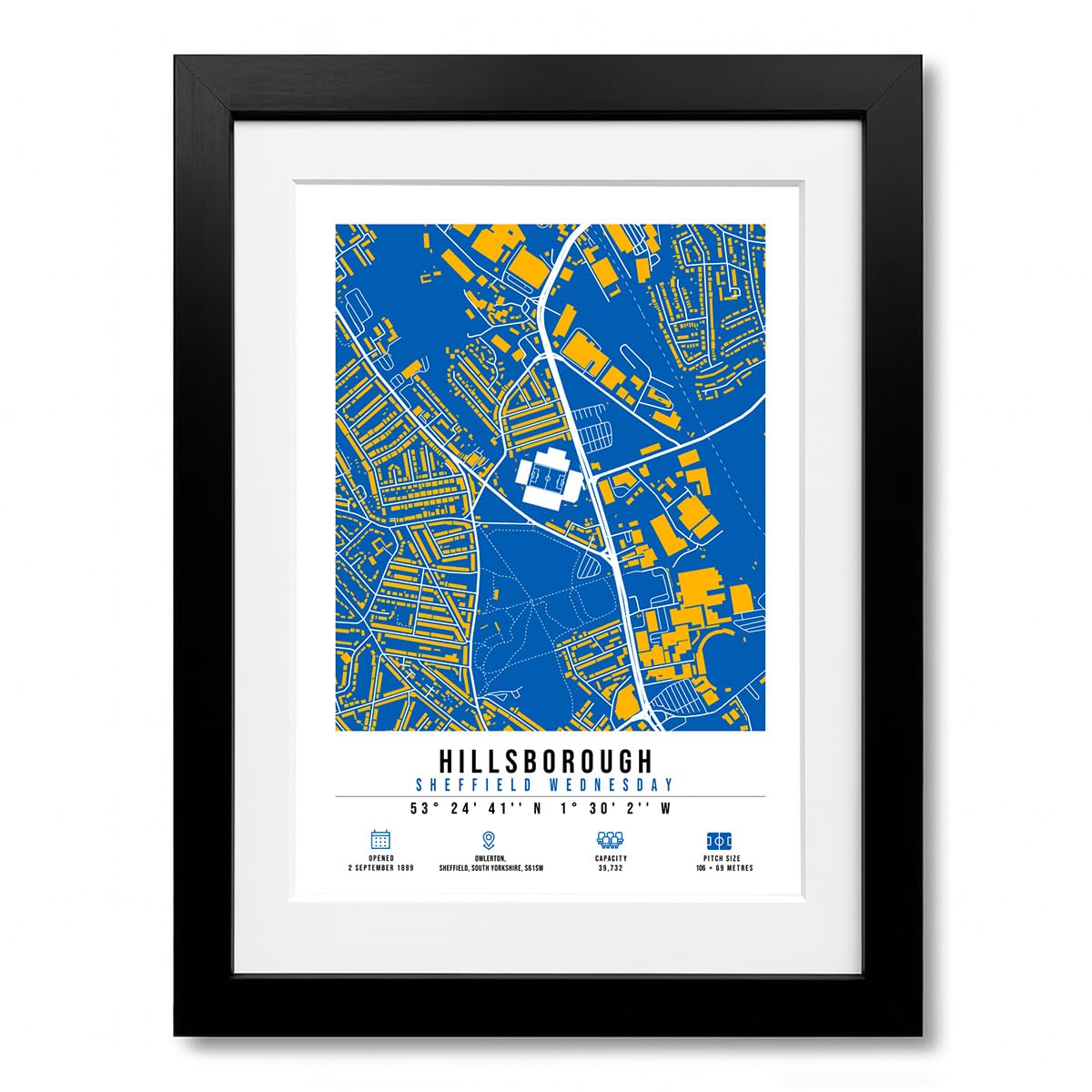Hillsborough Stadium Map Minimalist A4/A3 Poster Photo Print Framed Gift Sheffield Wednesday (A4 Black Framed & Mounted)