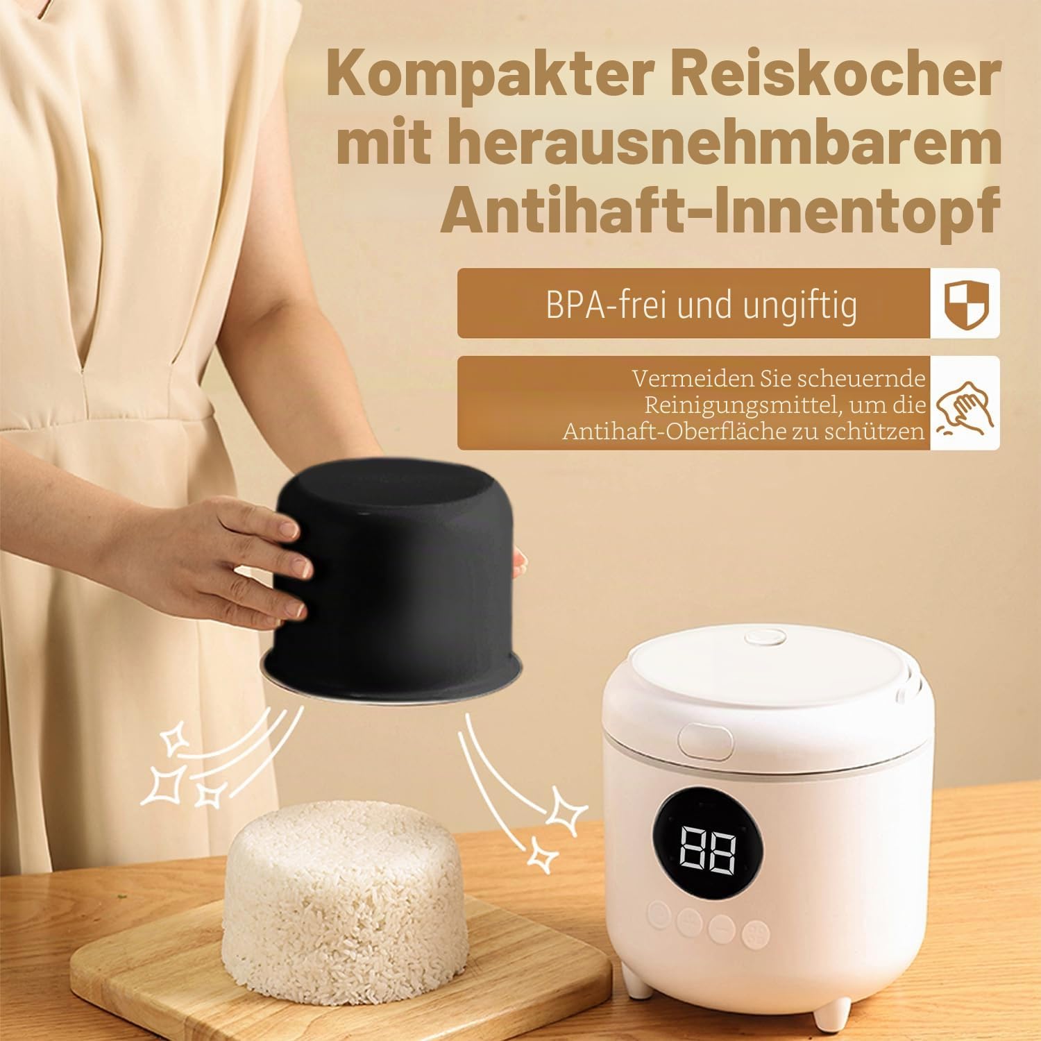 Reiskocher Klein, 3 Tassen (für 1-3 Personen), 6-in-1 Multikocher mit Slow Cook, 300W, Kompakt, Weiß