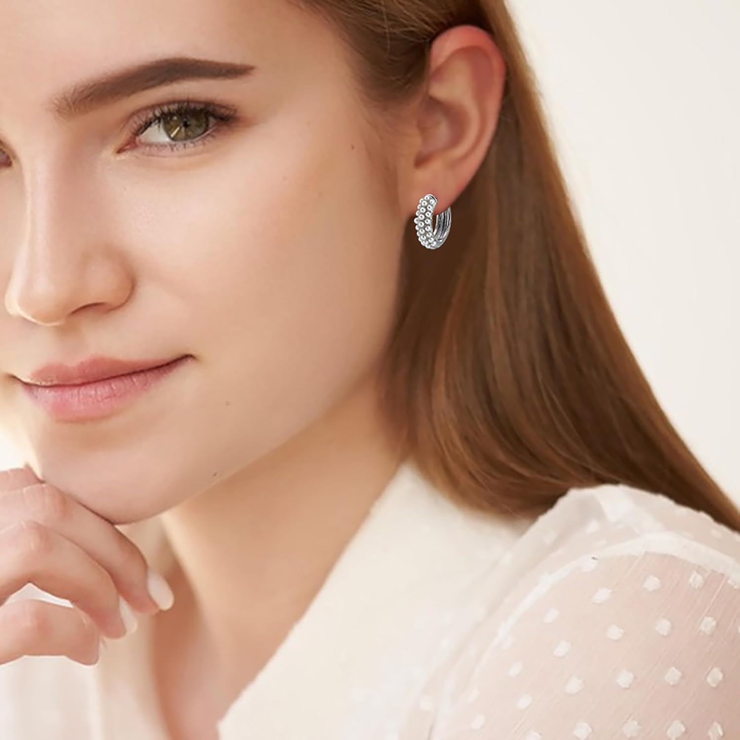 Edforce Stainless Steel Three Line Small Pearls Hoop Earrings - Image 5