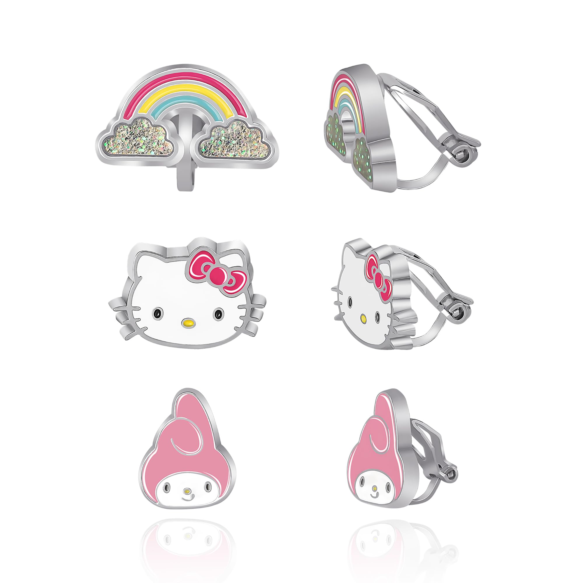 Sanrio Hello Kitty and Friends Clip On Earrings 3-Pack Official License - Rainbow, My Melody and Hello Kitty Earrings