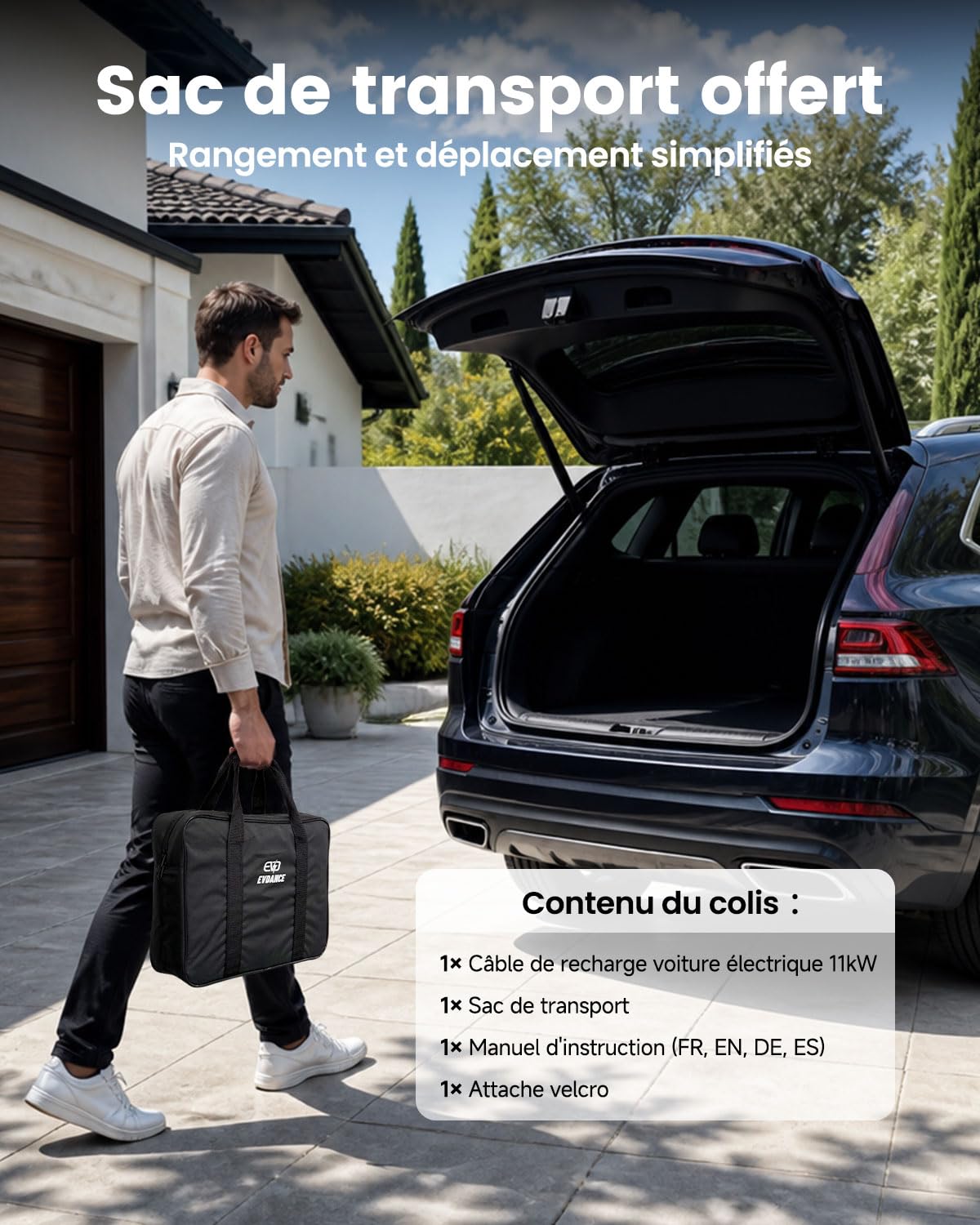 EVDANCE Câble Recharge Voiture Electrique 11kW (16A, 3-Phase, 6m) Câble Type 2 Portable Charge Rapide Chargeur Mode 3 avec Sac de Transport Compatible avec EV/PHEV IEC 62196-2
