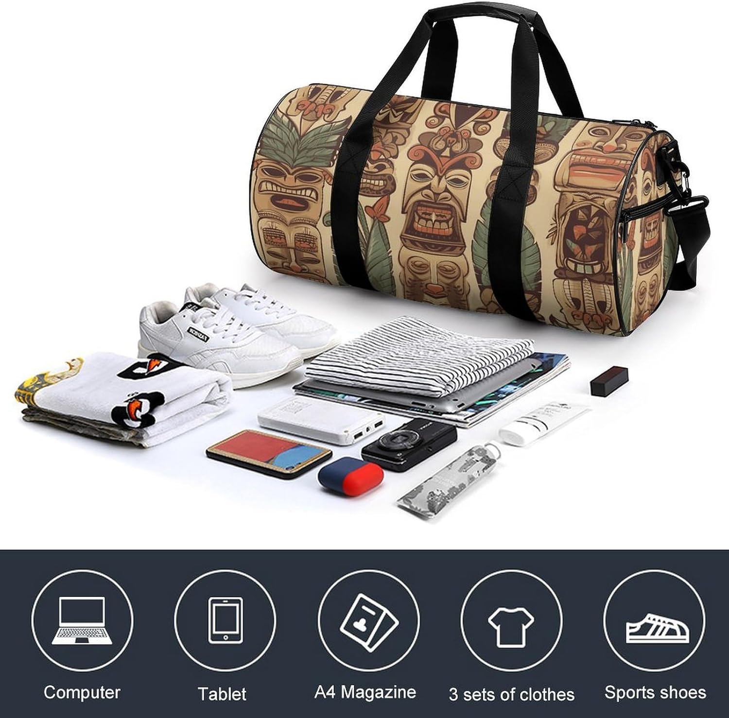 Vintage Aloha Tiki Gym Bag Hand-held Fitness Bags Cylindrical Fitness Bag with Shoe Large Compartment Duffle Bags for Travel Sports Unisex image 4