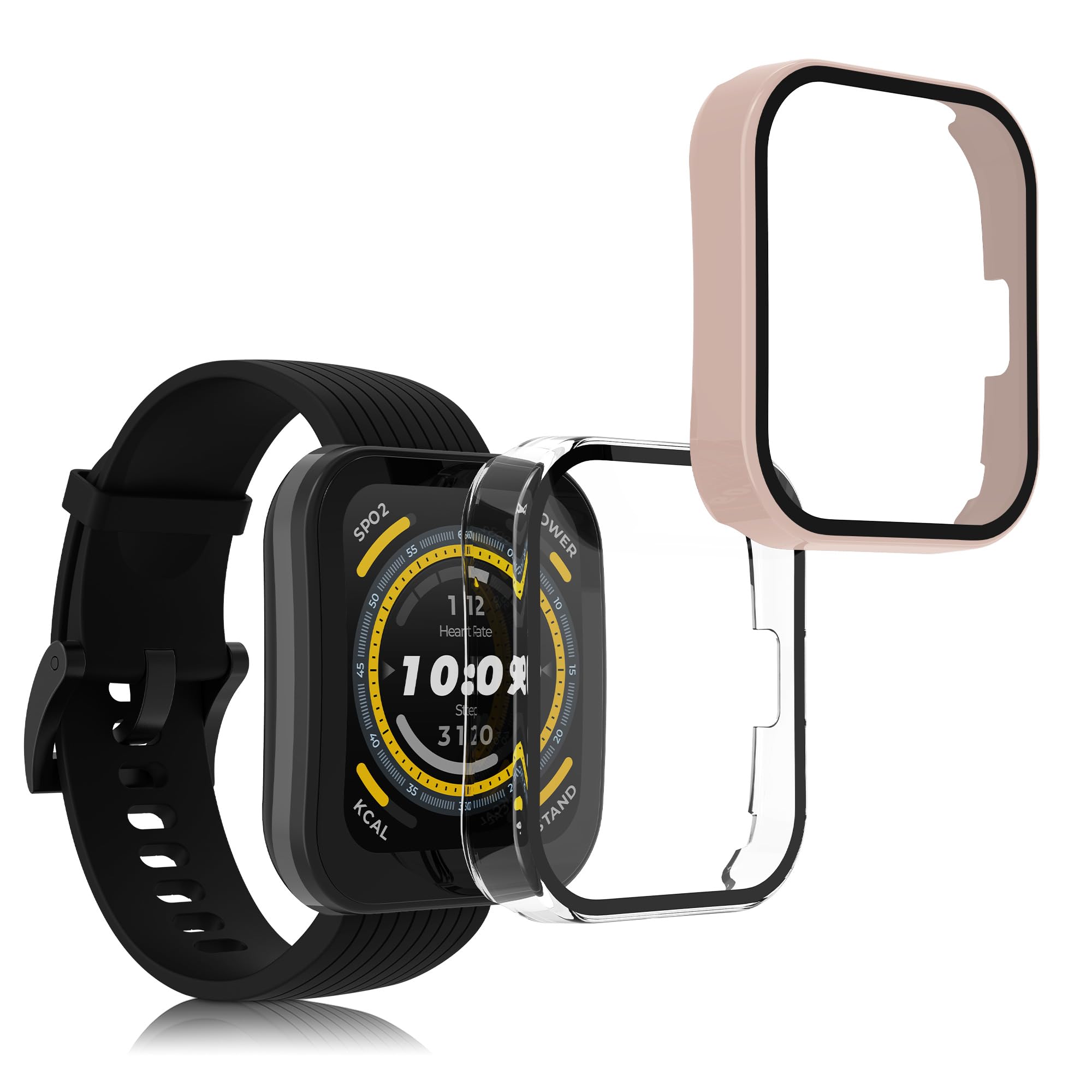 kwmobile 2 Cover with Screen Protector for Huami Amazfit Bip 5 Case - Tempered Glass with Plastic Frame Covers - Transparent/Dusty Pink